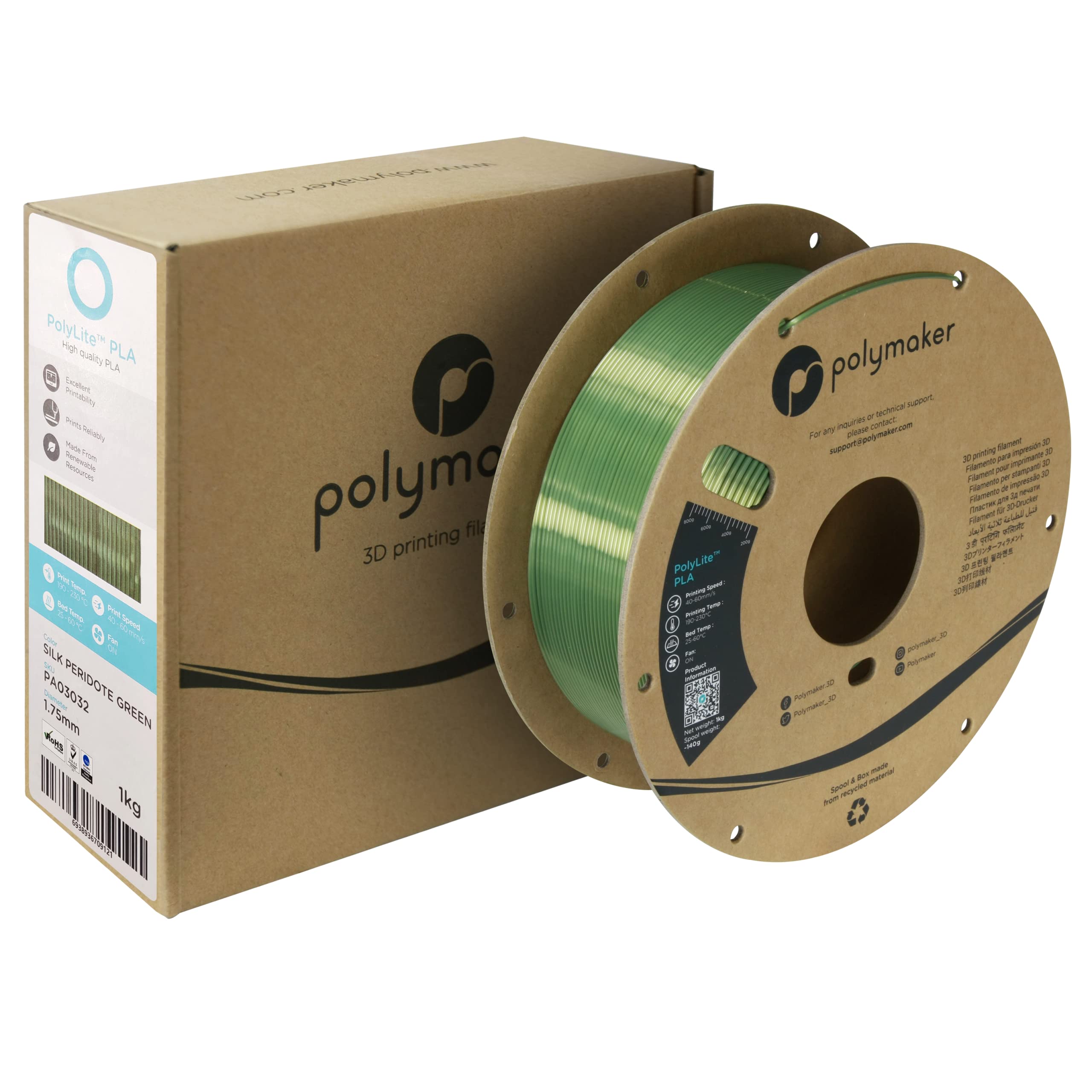 Polymaker Silk Pla Filament 1.75Mm, Shiny Silk Peridot Green 3D Printer Pla Filament 1Kg   Polylite 1.75Mm Silk Peridot Green 3D