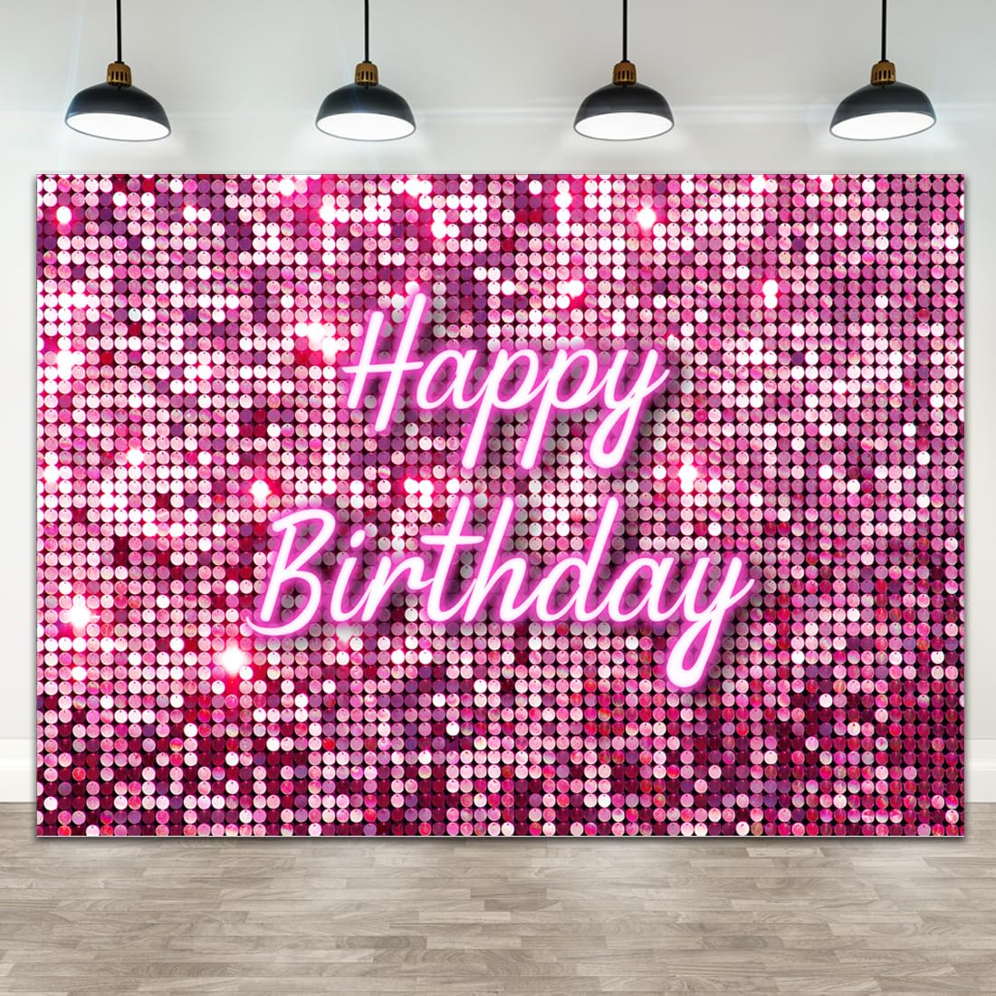 Wollmix Hot Pink Happy Birthday Backdrop Party Decorations Girl Shimmer Wall Flash Square Sweet 16 18Th 21St 30Th Bday Photograp