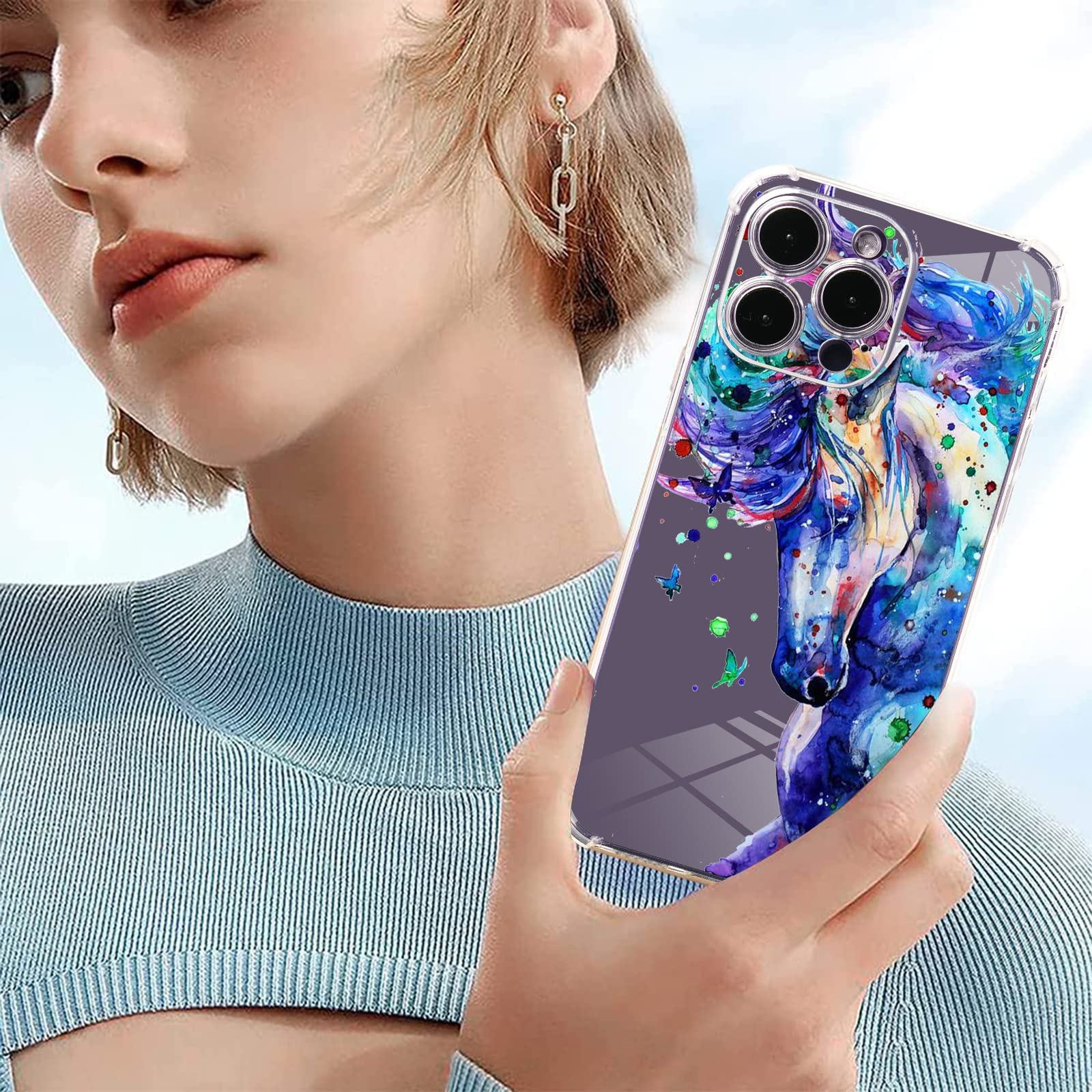 Roemary Purple Case For Iphone 11 With Blue Horse Design,Watercolor Pattern With Screen Protector [Buffertech 6.6 Ft Drop Impact