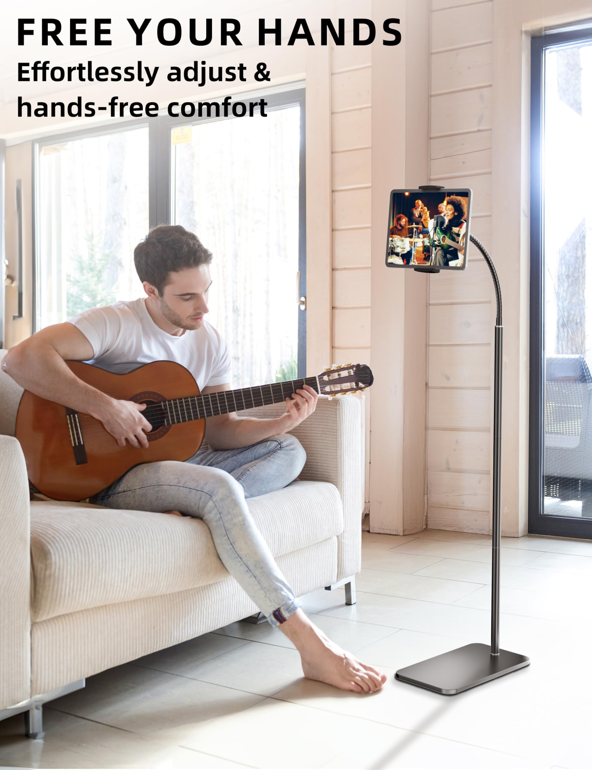 LanPavilion Adjustable iPad Stand, Flexible Gooseneck Tablet Holder for 4.7''-13'' Devices, Black Carbon Steel, Ideal for Hands-Free Use