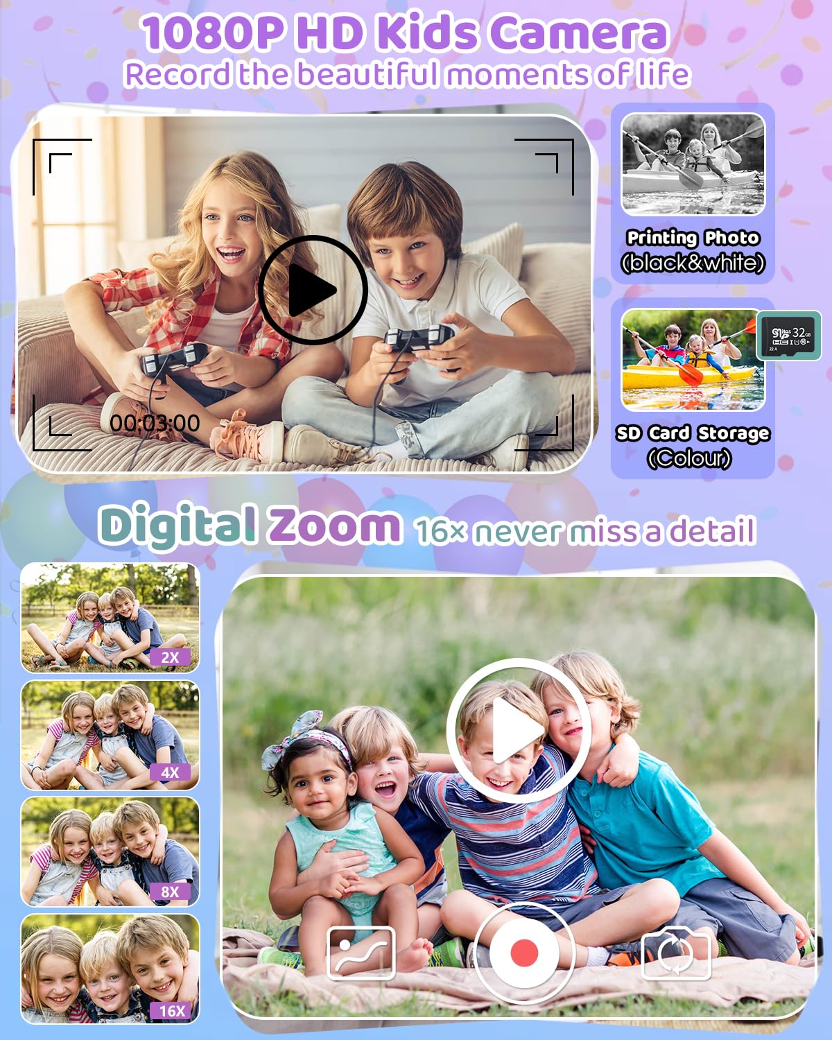 Instant Print Camera For Kids With 3 Rolls Of Printer Paper, 1080P Toddler Digital Camera Toys For Age 3 12 With 32Gb Sd Card, Christmas & Birthday Gifts For 3 4 5 6 7 8 Year Old Girls & Boys (Purple)