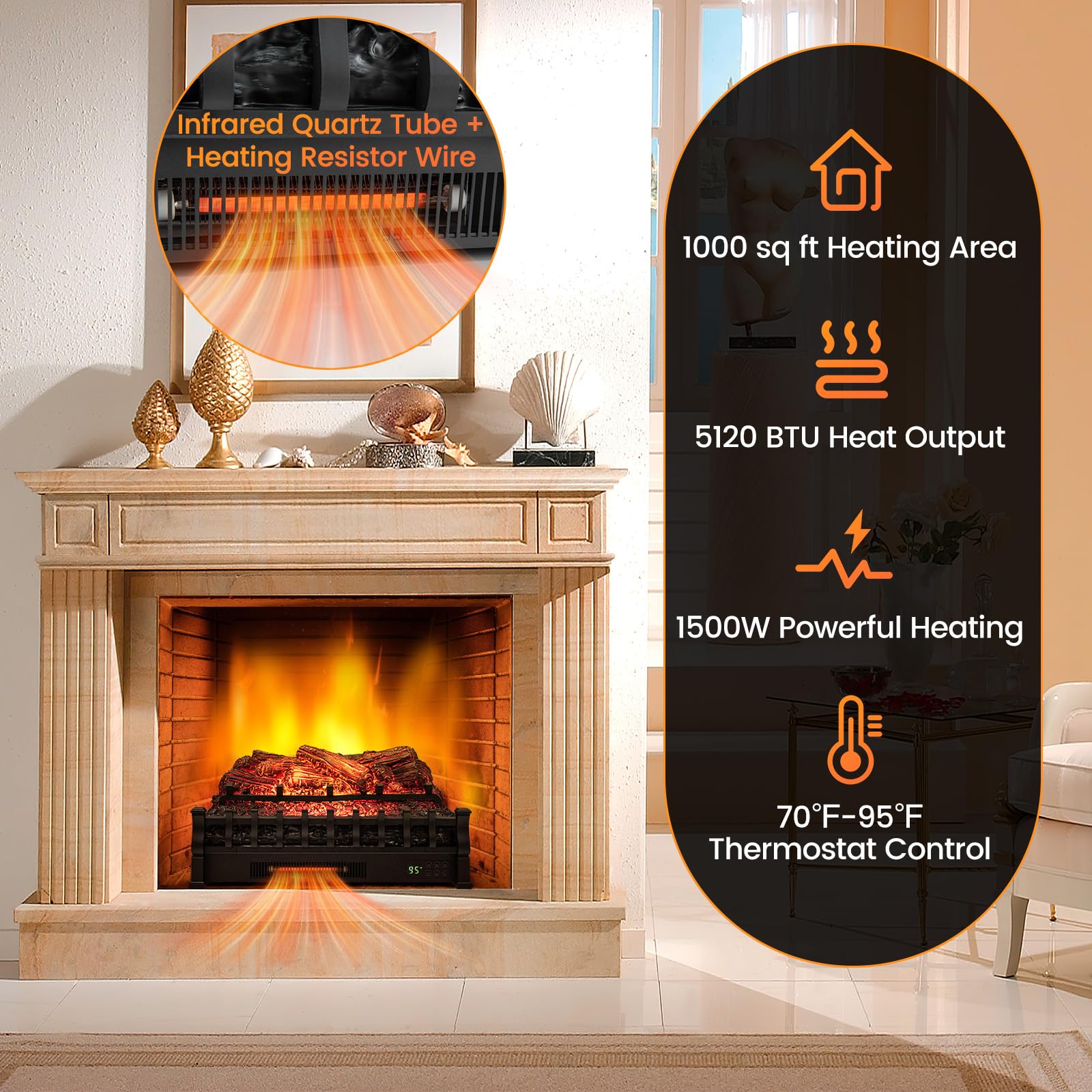 Tangkula 26    Infrared Quartz Electric Fireplace Log Heater With Realistic Pinewood Ember Bed, Electric Fireplace Heater Insert