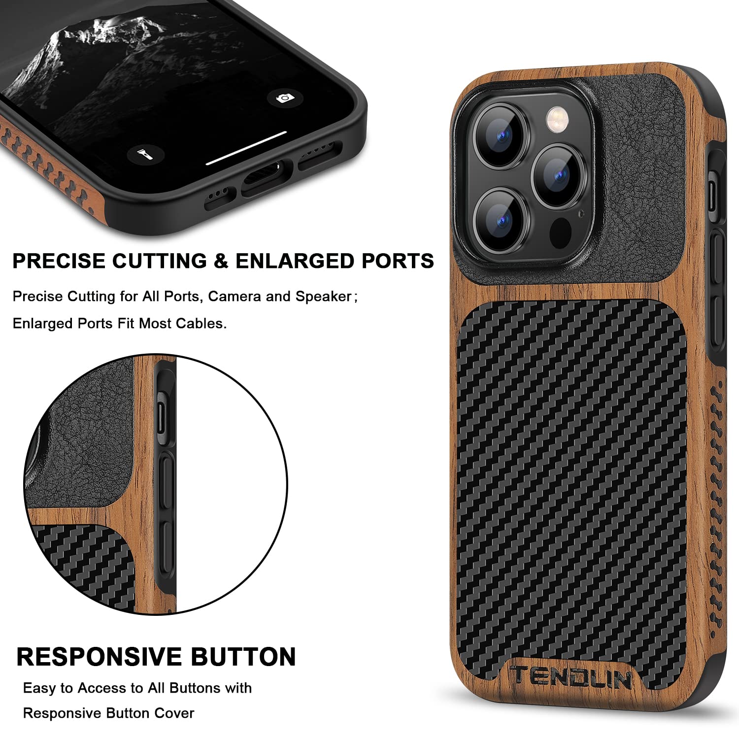 Tendlin Compatible With Iphone 14 Pro Max Case Wood Grain With Carbon Fiber Texture Design Leather Hybrid Slim Case Black
