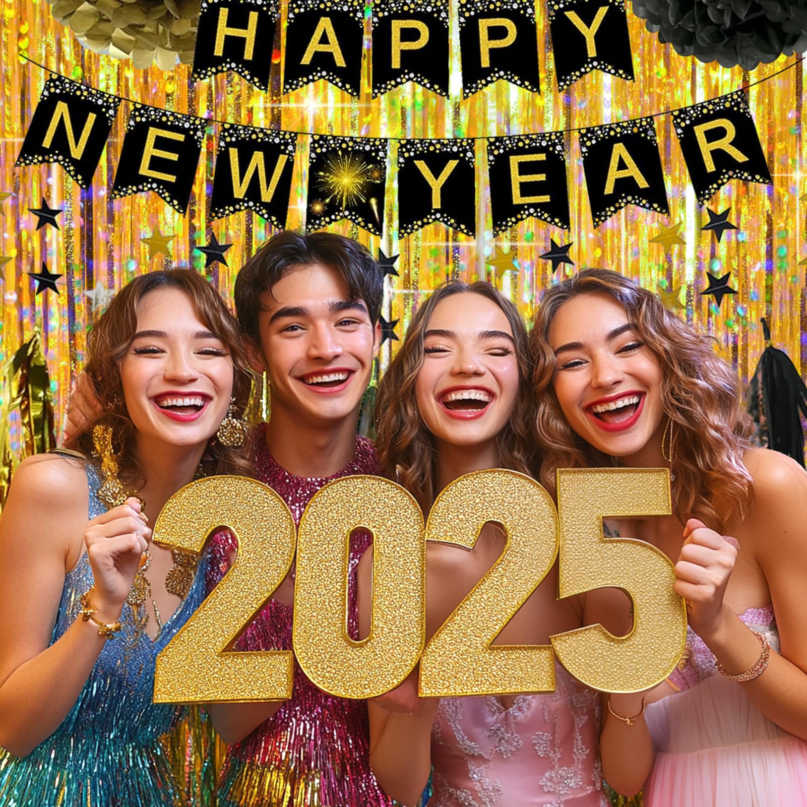 4 Packs Gold Foil Fringe Curtain, Gold Glitter Metallic Tinsel Backdrop For Birthday, Wedding, Baby Shower, Bachelorette, Gradua