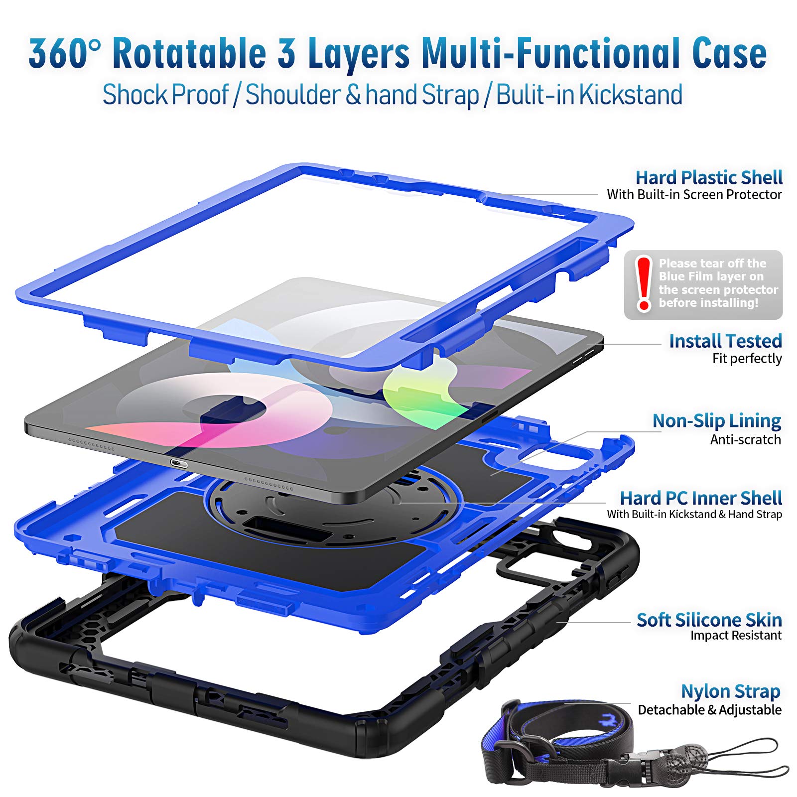 Timecity 3 Layer Heavy Duty Rugged Case For Ipad Air 5Th/4Th Gen, 10.9Inch, 2022/2020, W/Swivel Kickstand, Hand Strap, Pencil Ho