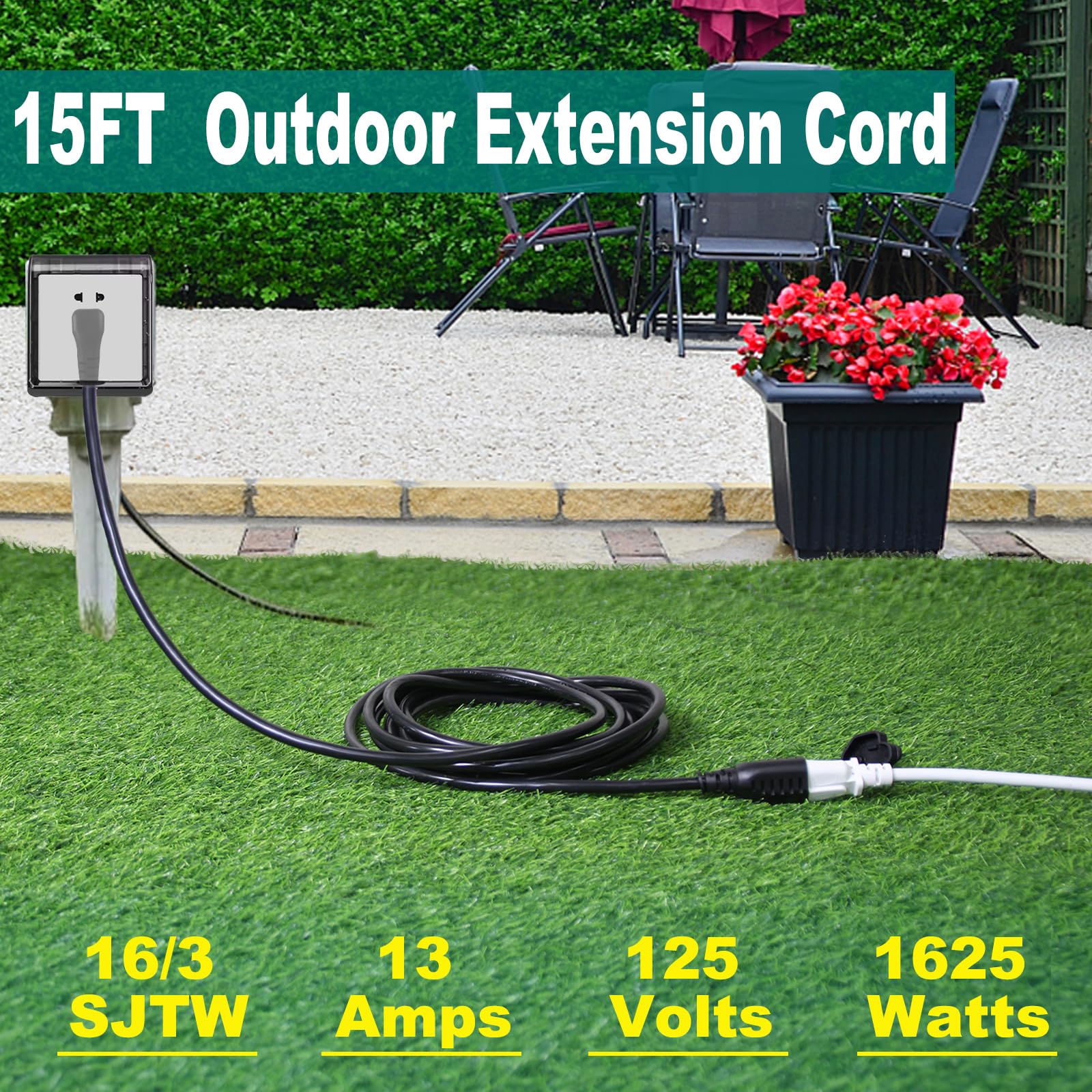 15Ft Black Outdoor Extension Cord   Sjtw 16Awg Weatherproof Grounded 3Prong Extension Cord With 90 Degree Flat Plug,1625W Flexib