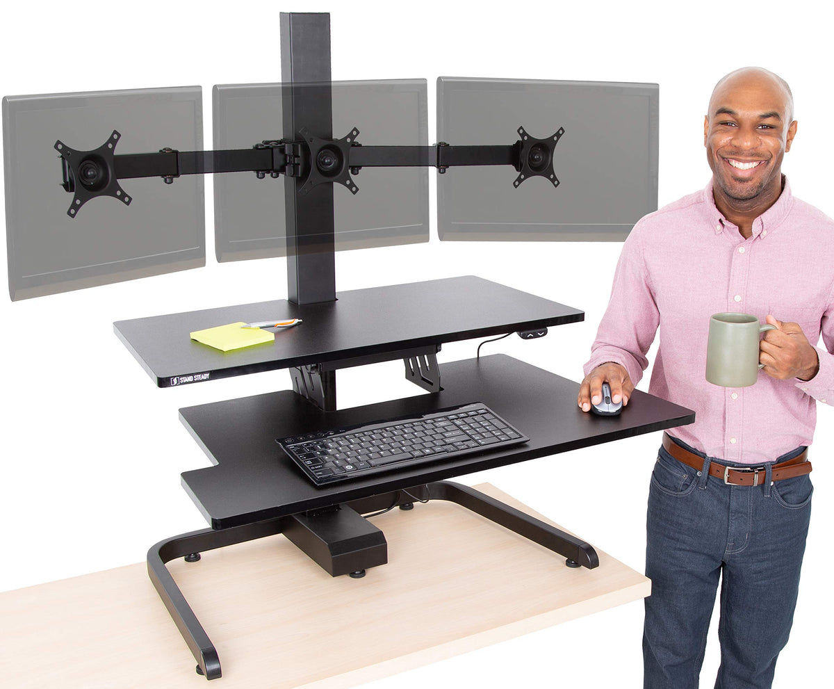 Stand Steady Techtonic Electric Standing Desk Converter With Triple Monitor Mount, 3 Screen Support, Quiet Sit Stand Desk With Button Control, Keyboard Tray, Ideal For Gaming & Computer Work (Black)