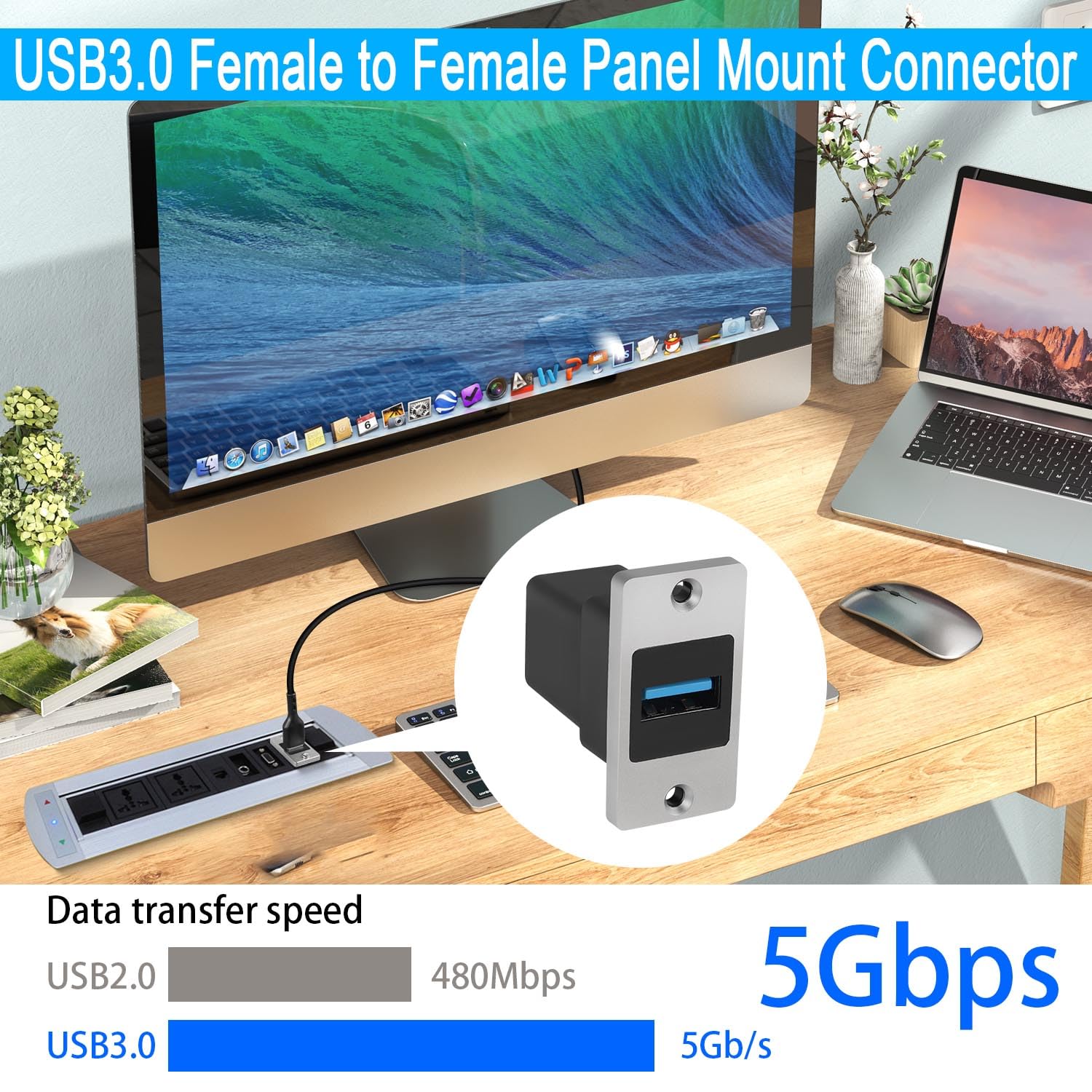 Qianrenon 5Gbps Usb3.0 Rectangular Metal Panel Adapter Usb3.0 Female To Female Panel Mount Connector Usb 3.0 Mounting Socket Dat