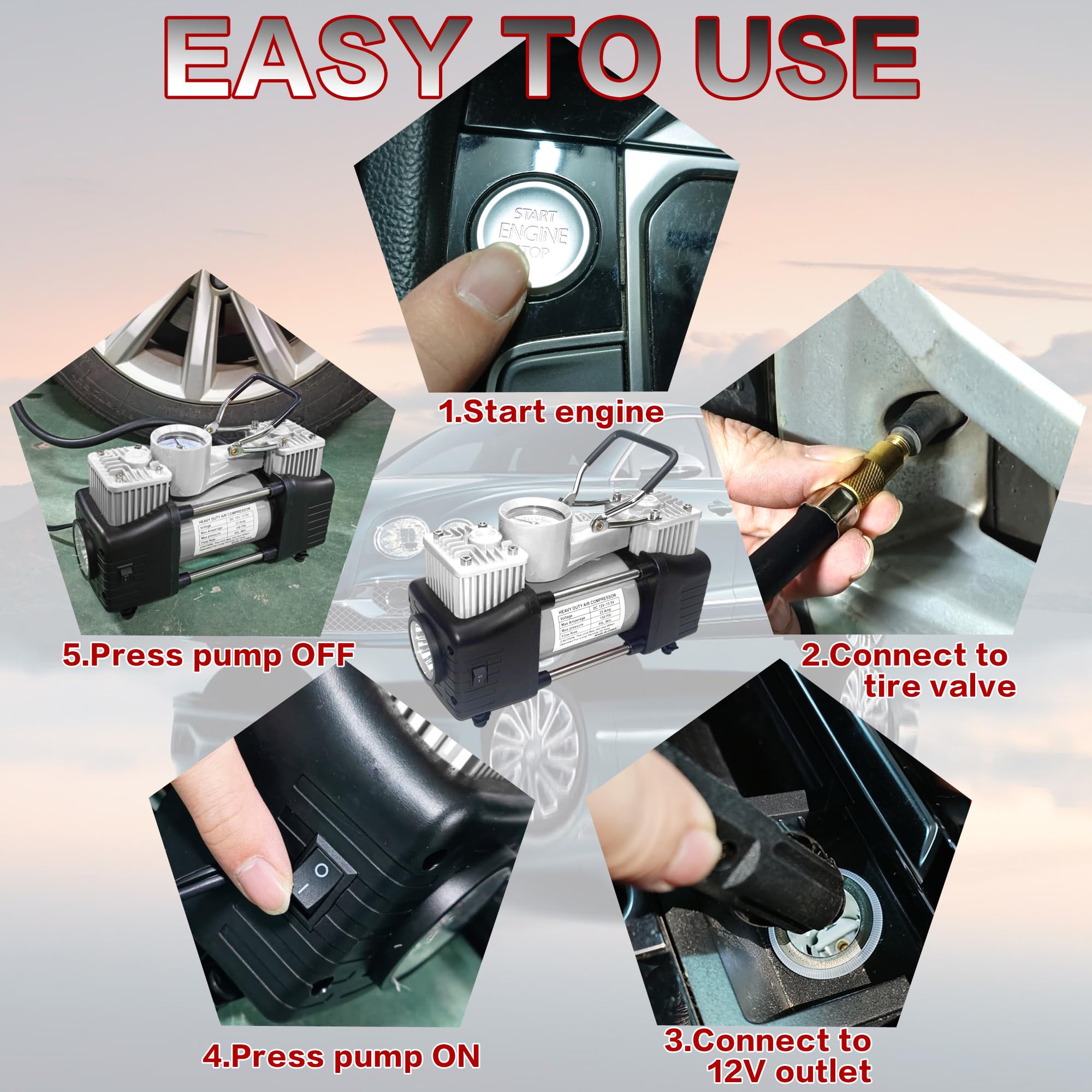 Yungtee Slivertire Inflator Heavy Duty Double Cylinders Direct Drive Inflation Pump,12V Portable Air Compressor Pump With Led Li