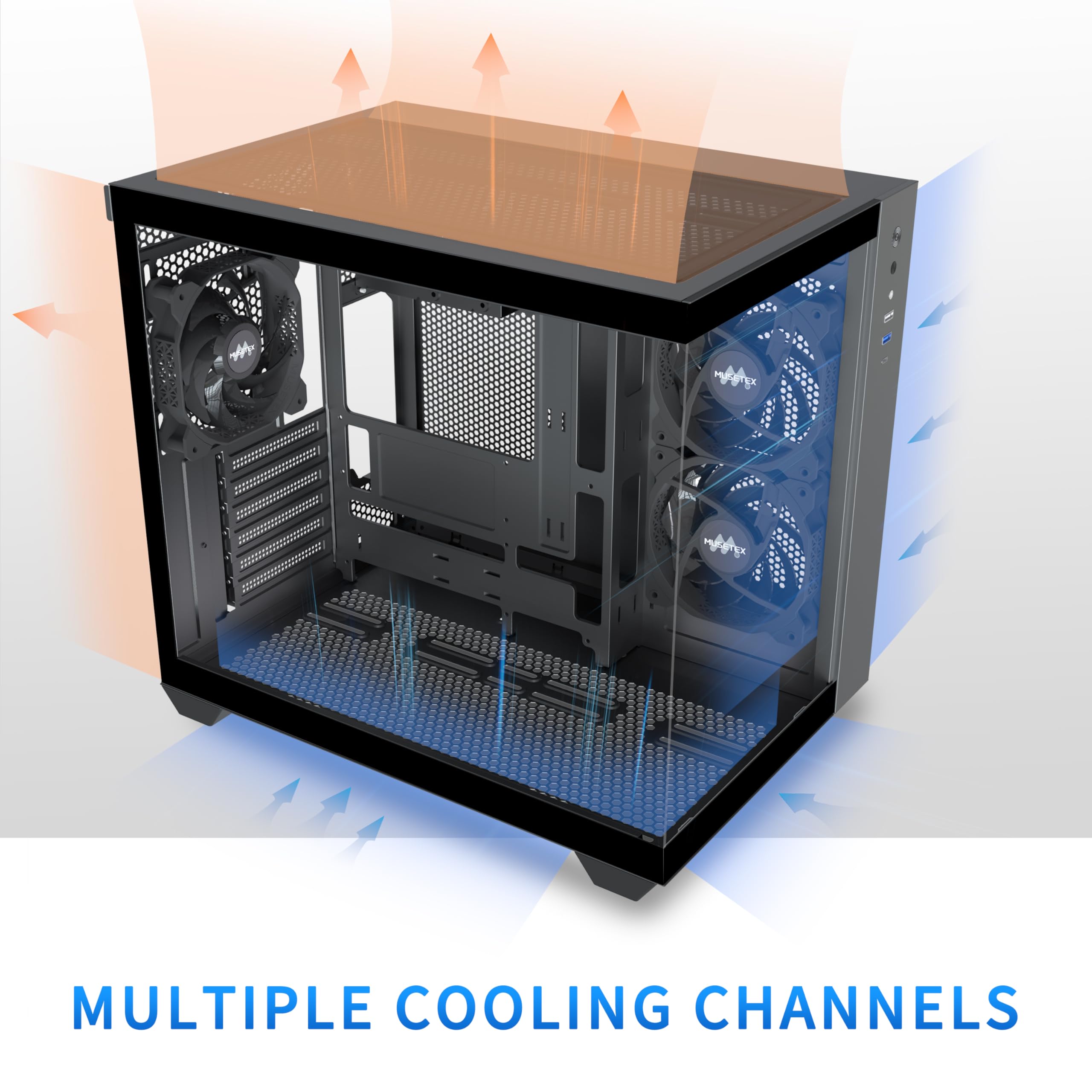 MUSETEX ATX PC Case - 3 x 120mm Fans, 360MM RAD Support, Tempered Glass, Mid Tower, Large Size, Black