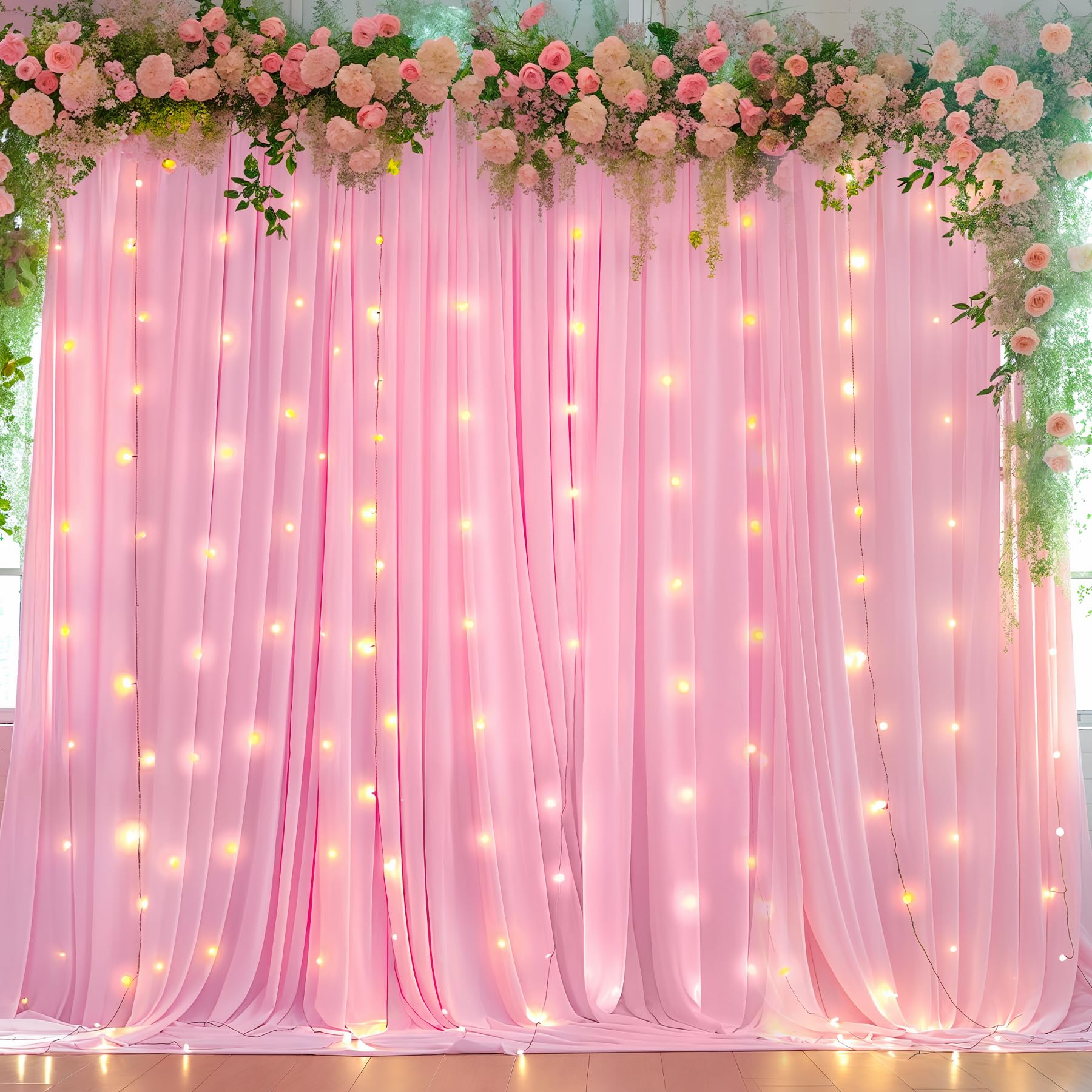 Pink Backdrop Curtains With Lights For Parties,10X10Ft Wrinkle Free Polyester Wedding Photo Backdrop Curtains For Baby Shower Bi