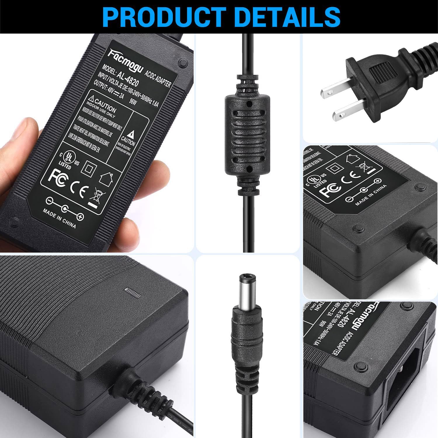 Facmogu 48V 2A Power Supply Adapter, Ac 100 240V To Dc 48V 2A Transformer Interface 5.5X2.5Mm & 5.5X2.1Mm Plug, 96W Adapter Us Plug For Stereo Receiver Hi Fi Home Audio Class D Integrated Amp