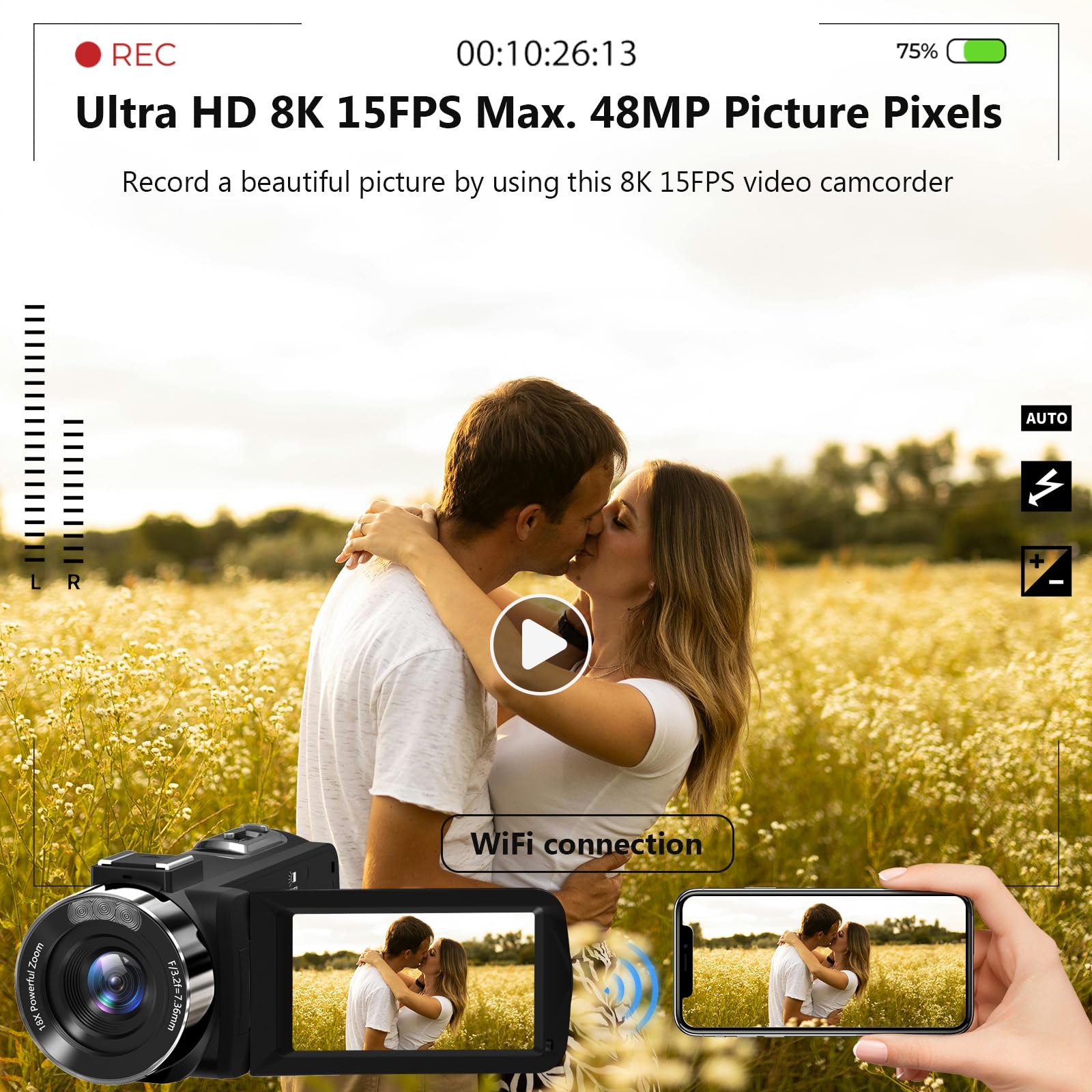 Video Camera, 8K 48Mp Camcorder With Ir Night Vision, Wifi Vlogging Camera Recorder For Youtube 3'' Touch Screen, 18X Digital Zo