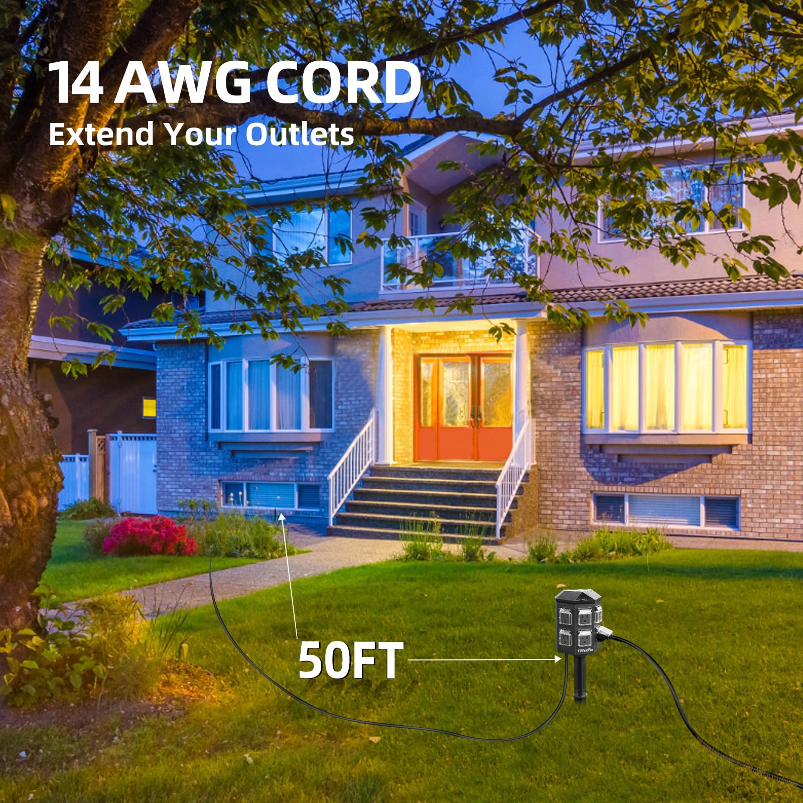 Tiffcofio Outdoor Power Stake Timer, 50Ft Extension Cord Waterproof, Remote Control Dusk To Dawn Sensor Light Timer, 6 Grounded