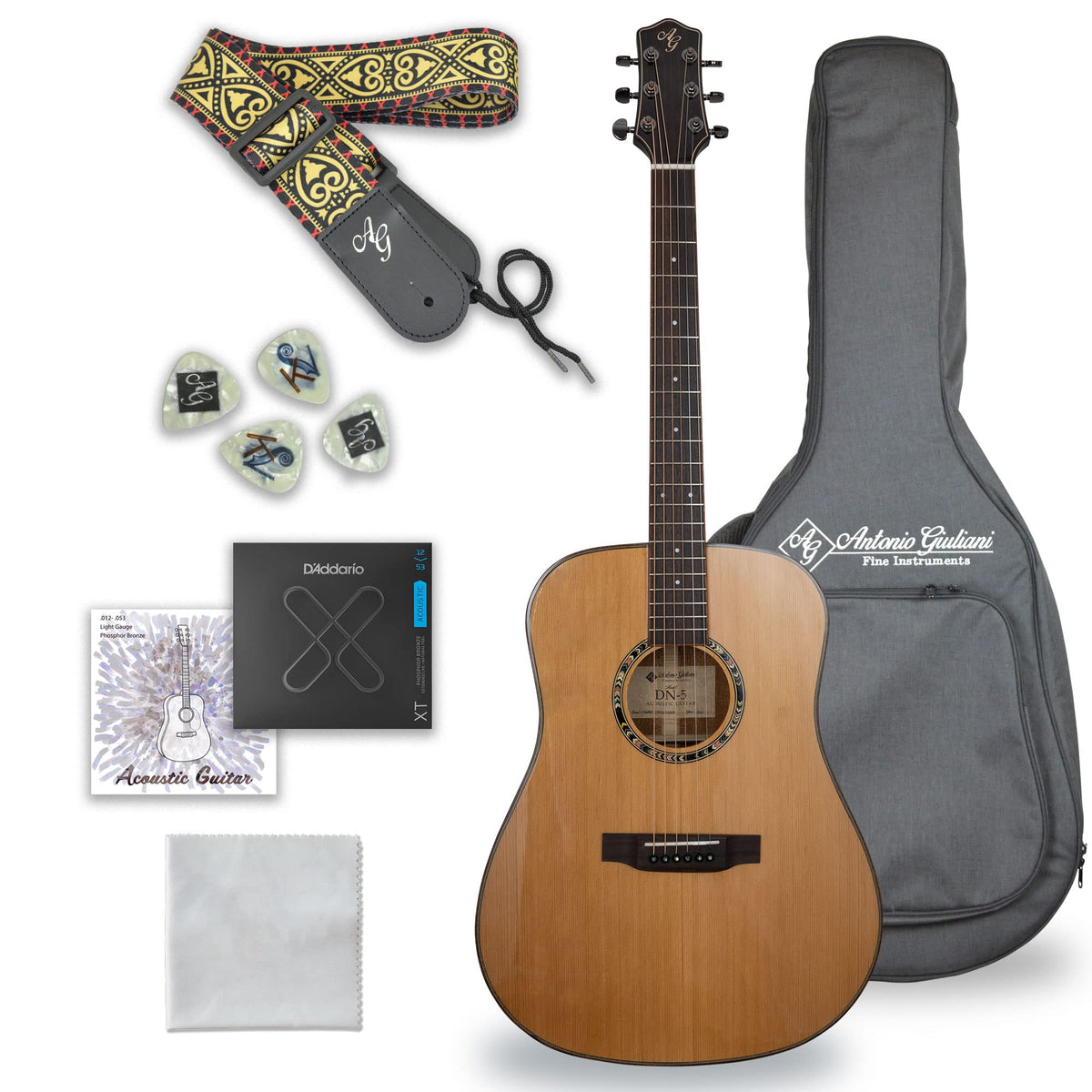 Antonio Giuliani Dn 5 (Clear) Steel String Acoustic Mahogany Guitar With Carrying Case And Accessories   Complete Guitar Bundle 