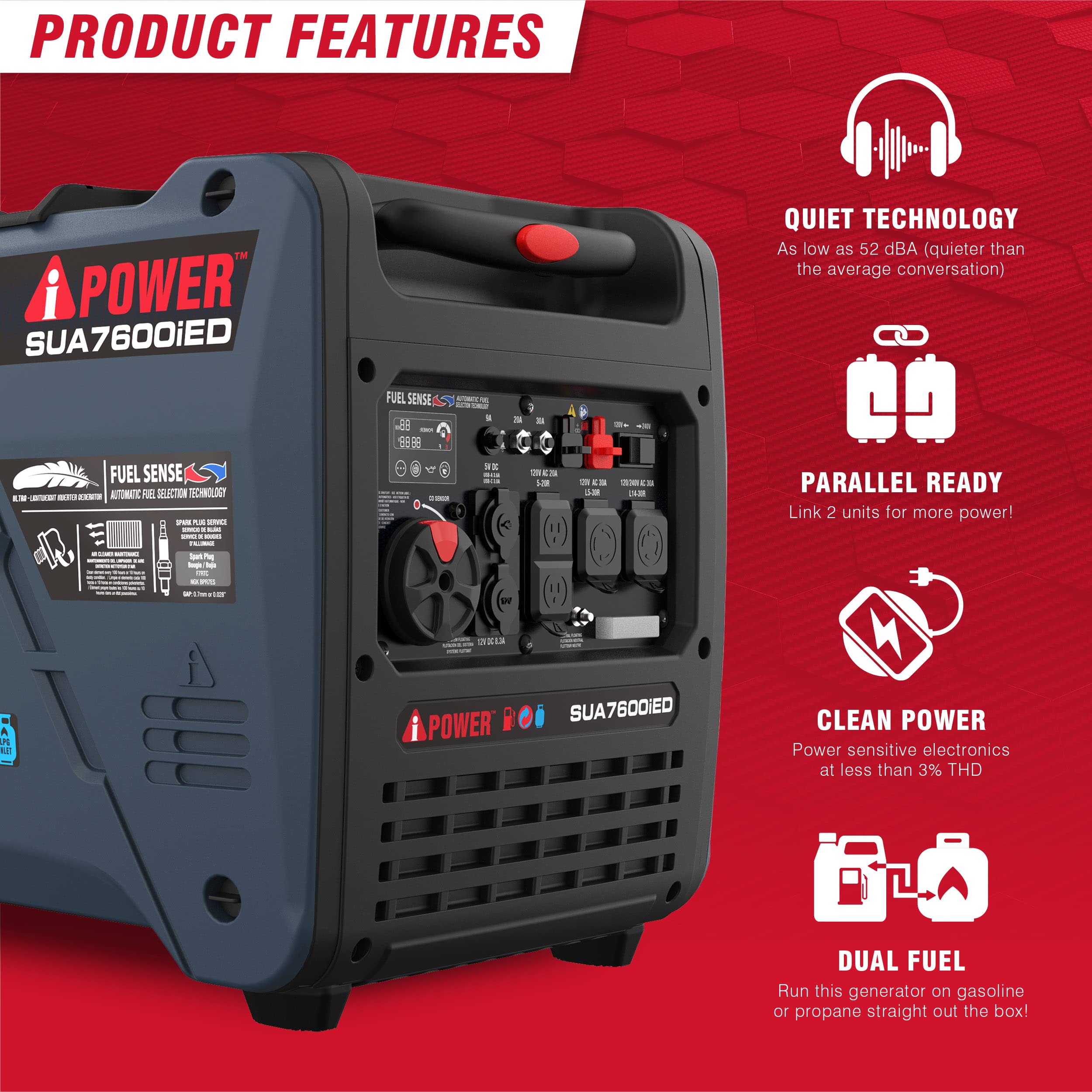 A Ipower Portable Inverter Generator, 7600W Dual Fuel Electric Start Rv Ready, Epa & Carb Compliant Co Sensor, With Telescopic H