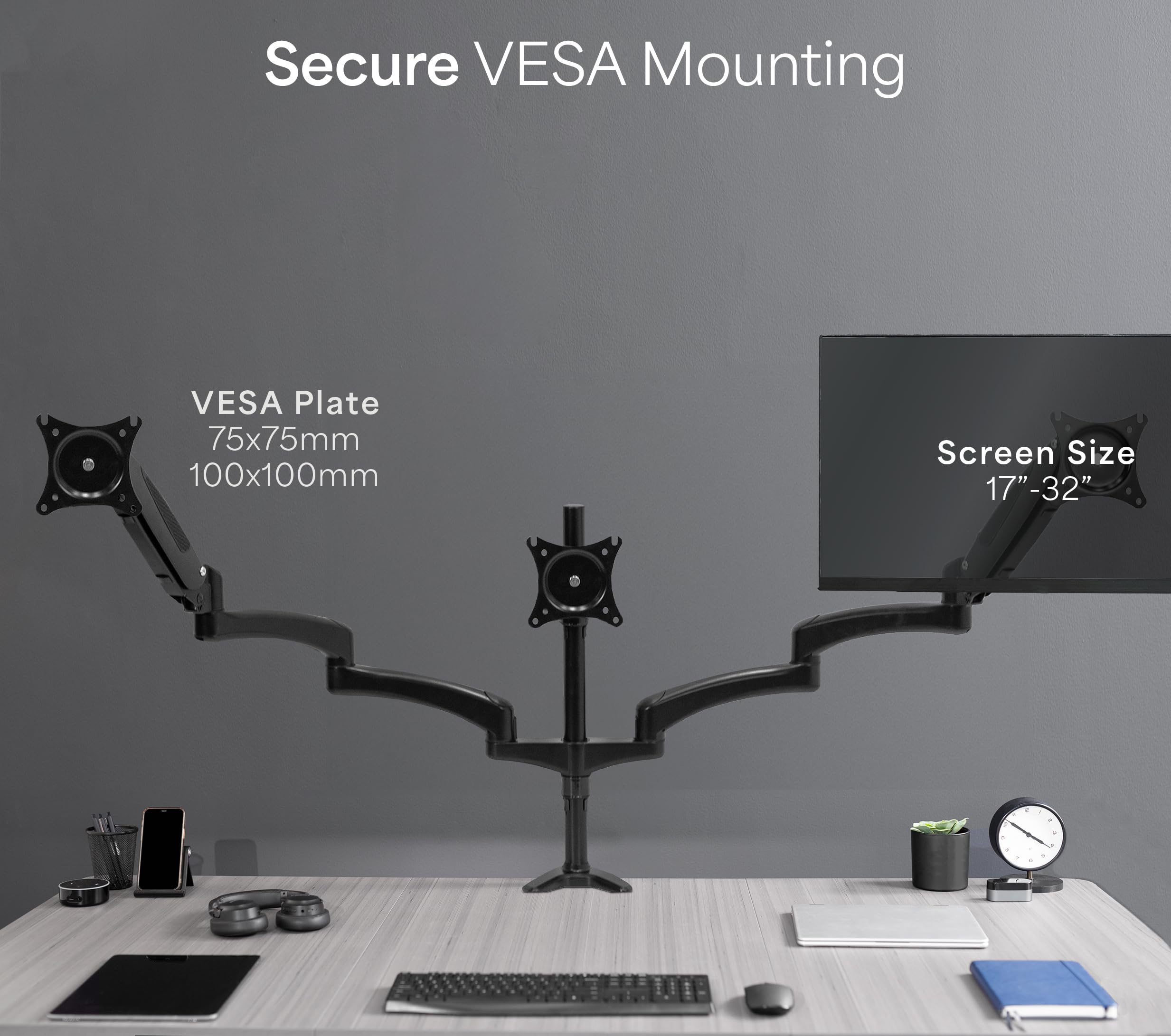 Vivo 17 To 32 Inch Triple Pneumatic Monitor Mount, 2 Pneumatic Arms, 1 Fixed, Adjustable Swivel, Rotation, Heavy Duty Vesa Desk