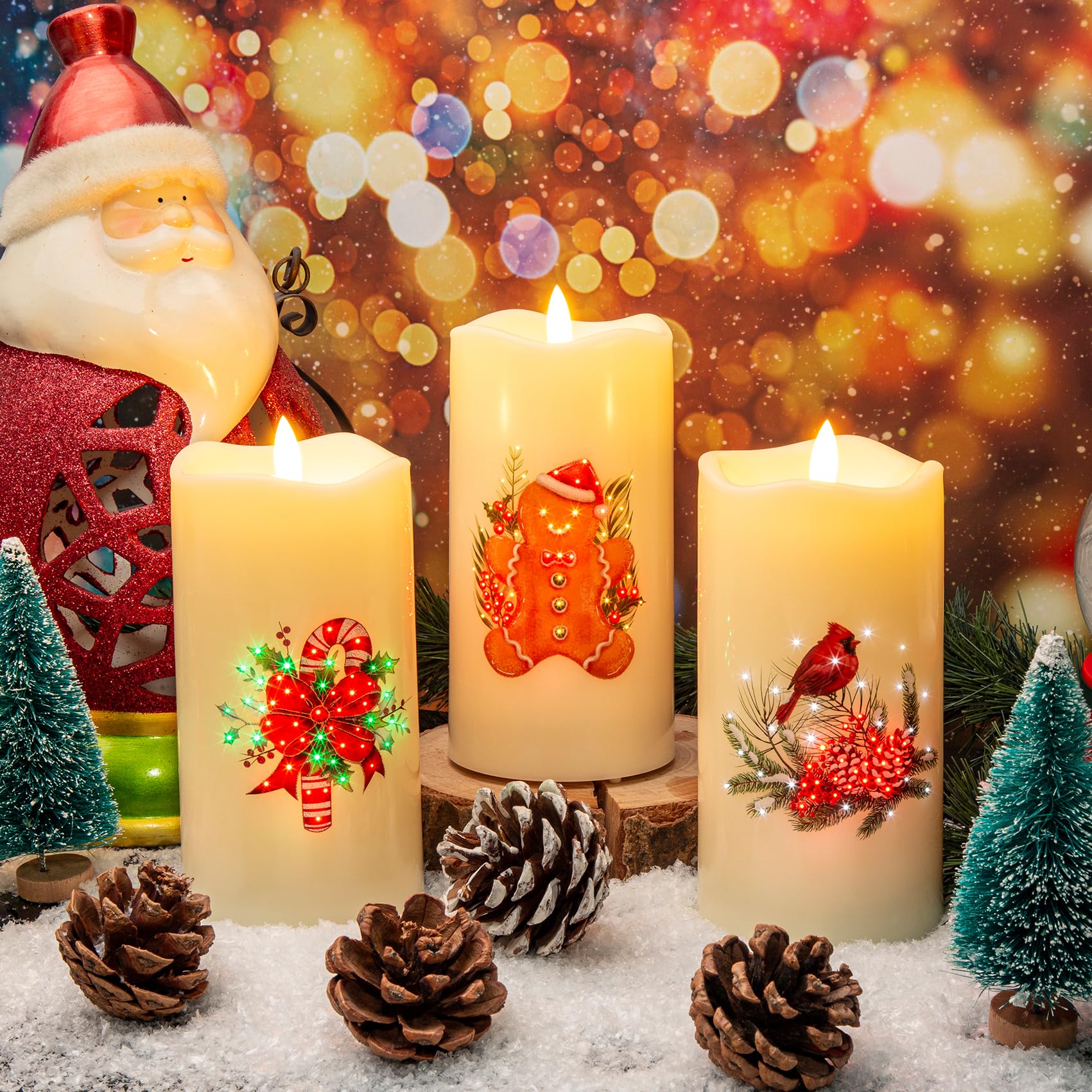 Eywamage Fiber Optic Flameless Candles With Remote, Cardinal Gingerbread Candy Canes Candles Flickering Led Pillar Candles Set O