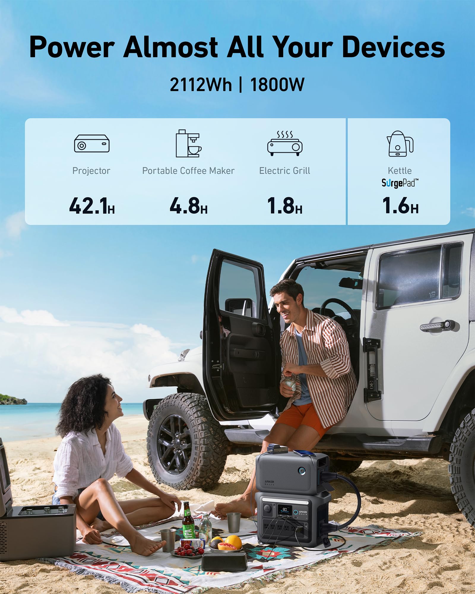 Anker Solix C1000 Portable Power Station And Bp1000 Expansion Battery, 1800W Solar Generator, Full Charge In 58 Min, 2112Wh Life