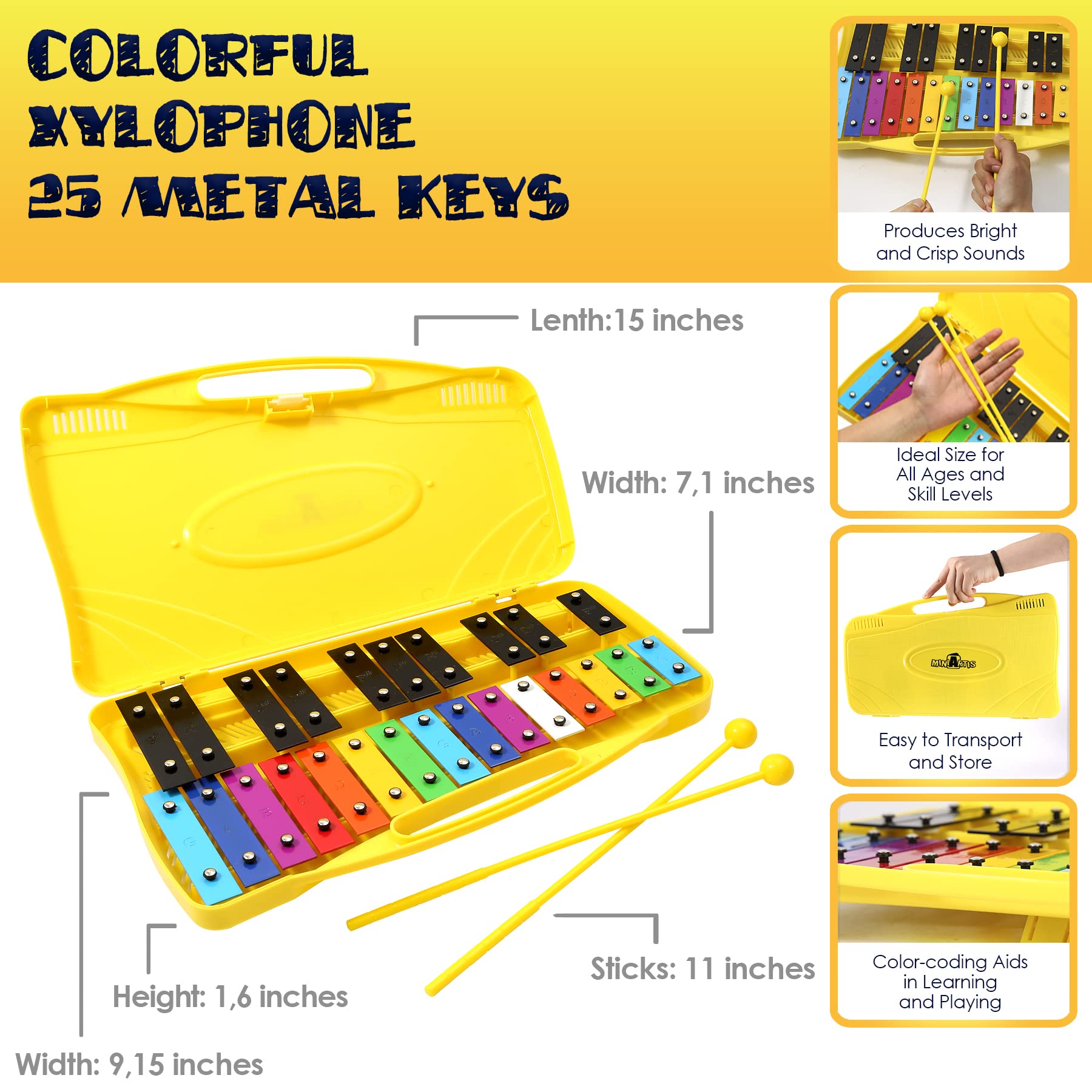 Miniartis Glockenspiel Xylophone | 25 Note Colorful Metal Keys Xylophone For Kids | Percussion Musical Instrument | Includes Mus