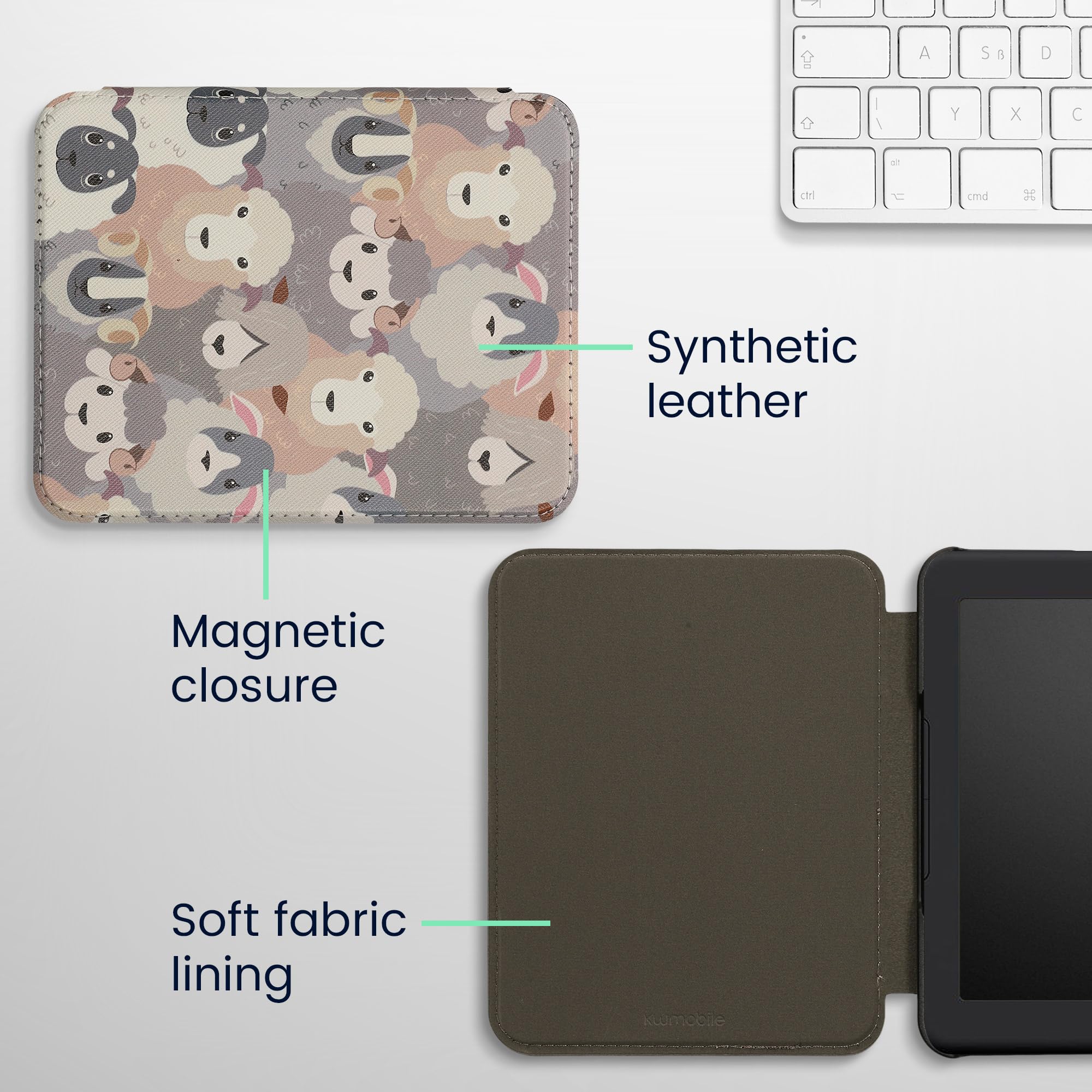 Kwmobile Case Compatible With Barnes & Noble Nook Glowlight 4 / 4E Case   Ereader Cover   Sheep White/Brown/Grey