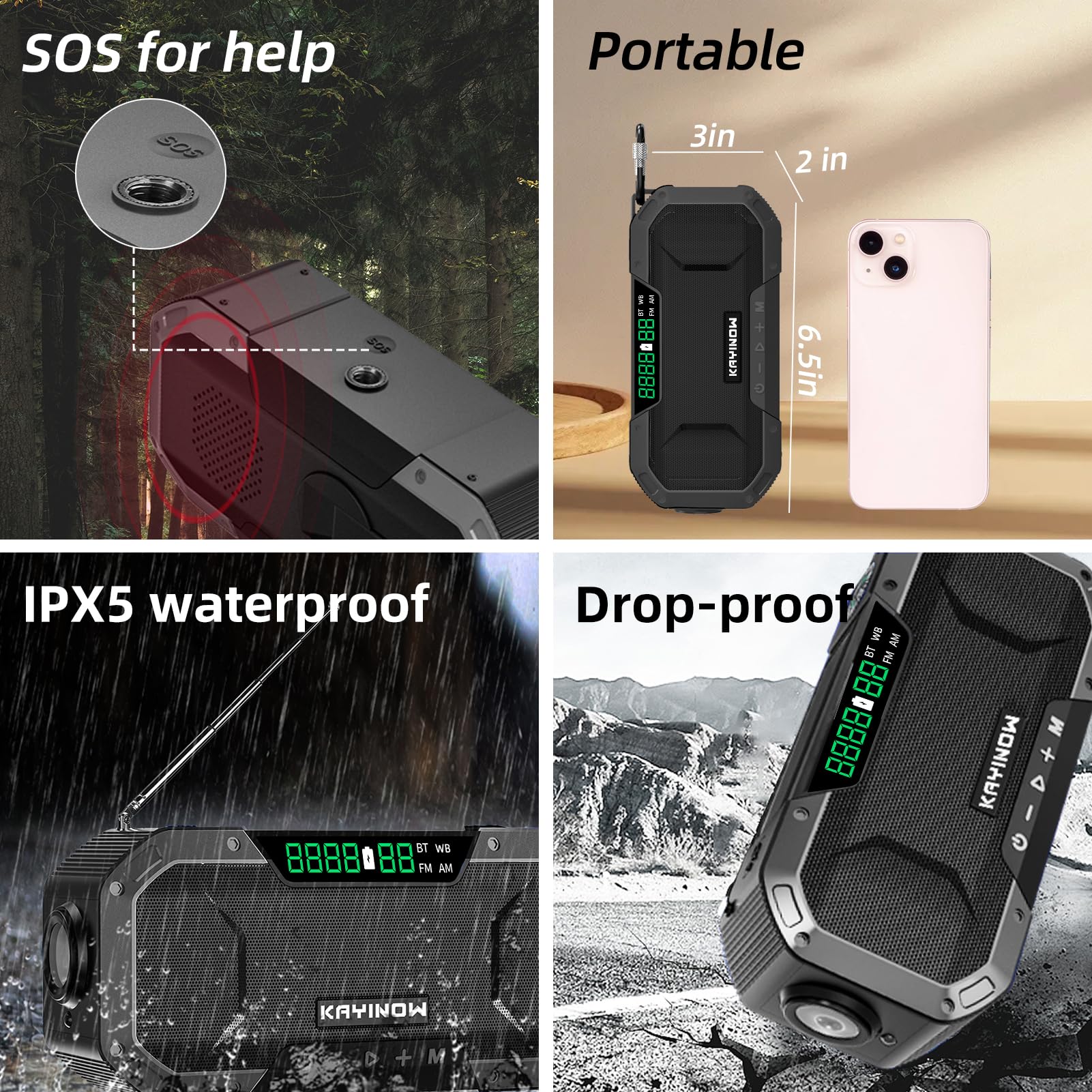 Solar Hand Crank Emergency Radio With Waterproof Bluetooth Speaker,Portable Am Fm Noaa Weather Radio, Rechargeable 5000Mah Batte