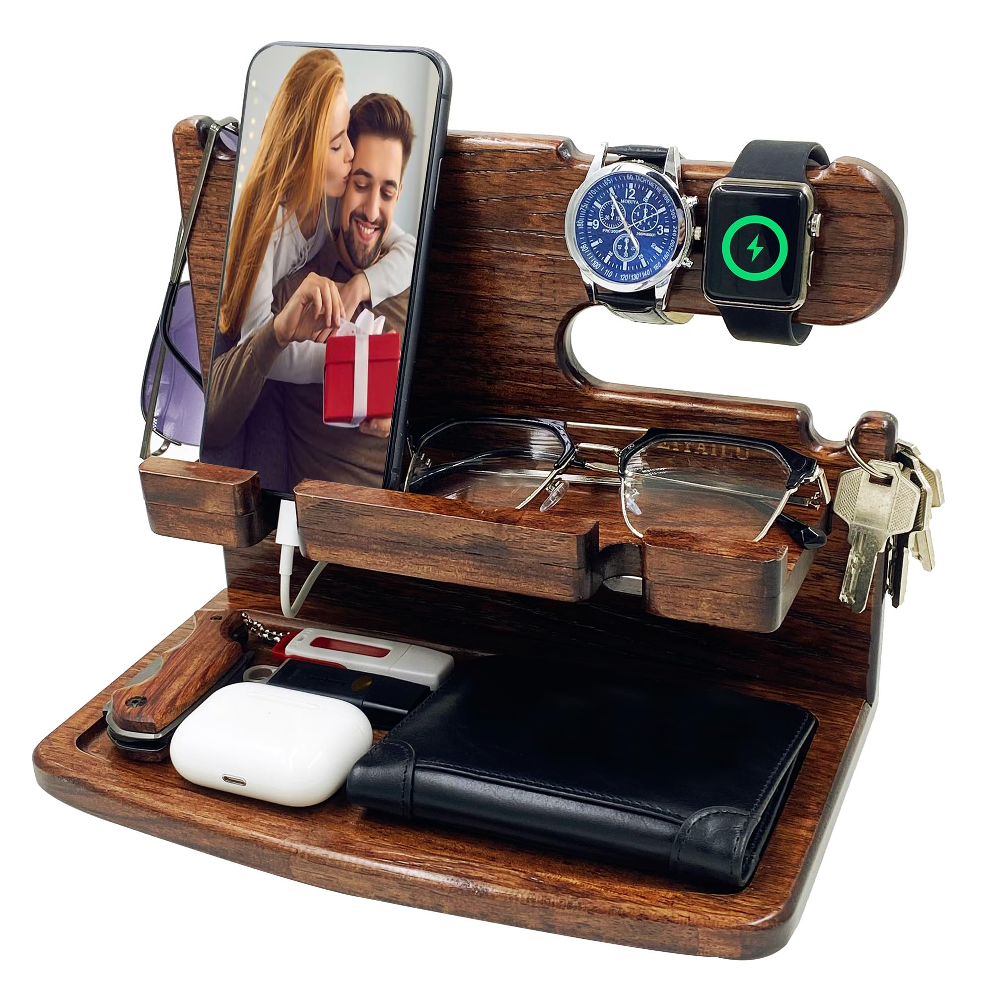 VEIYAILU Gifts for Men Boyfriend Dad Husband Him Wood Phone Docking Station Nightstand Organizer for Men (Walnut)