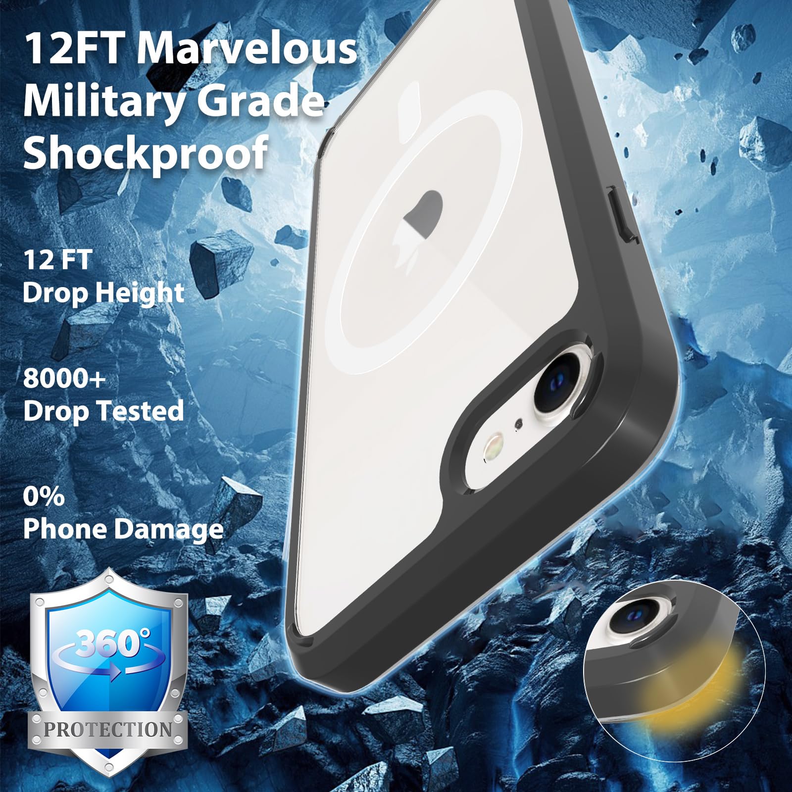 Magnetic For Iphone Se Case 2022/2020,Iphone 8/7 Case,Shockproof Anti Scratch Clear Thin Slim Phone Case.Black & White Magnetic