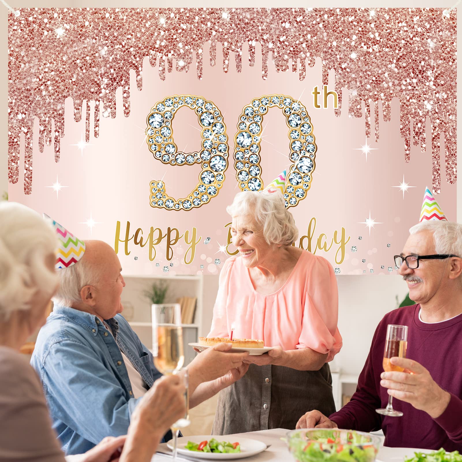Happy 90Th Birthday Banner Backdrop Decorations For Women, Rose Gold 90 Birthday Party Sign Supplies, Pink 90 Year Old Birthday