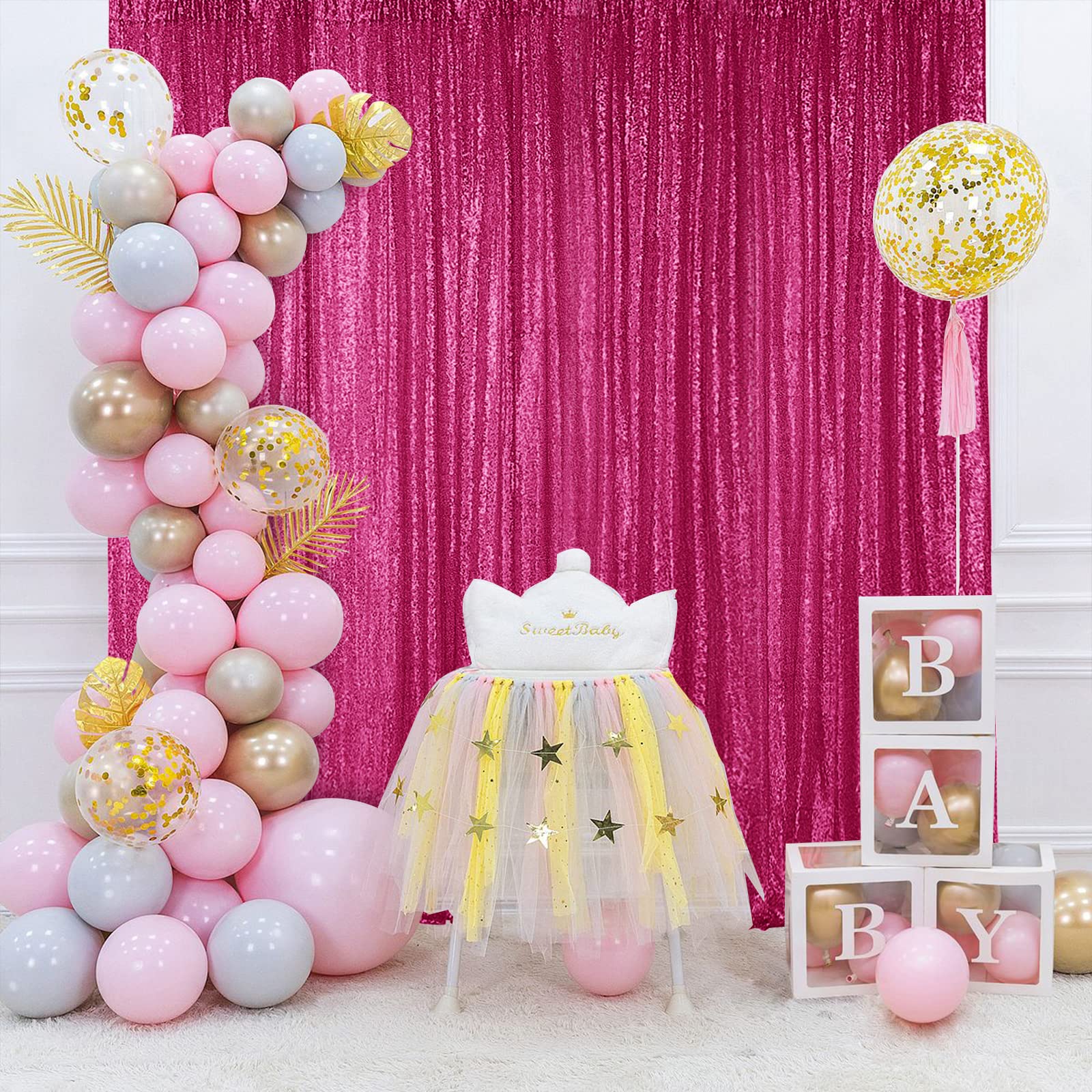 Hahuho Fuchsia Sequin Backdrop Curtain, 2Pcs 2Ftx8Ft Glitter Backdrop Curtain For Parties, Christmas, Wedding, Party Decoration(