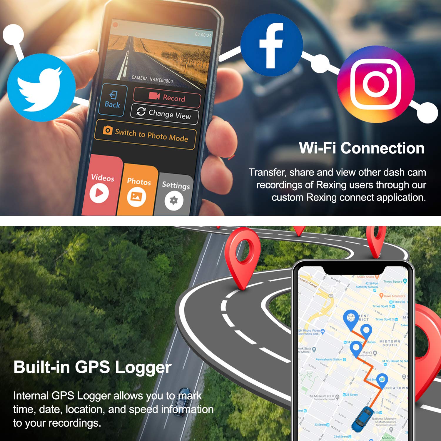 Rexing V1P Max 4K Uhd Dual Channel Dash Cam, 3840X2160 Front+1080P Rear, Wifi Gps Car Dash Camera W/Night Vision, Supercapacitor