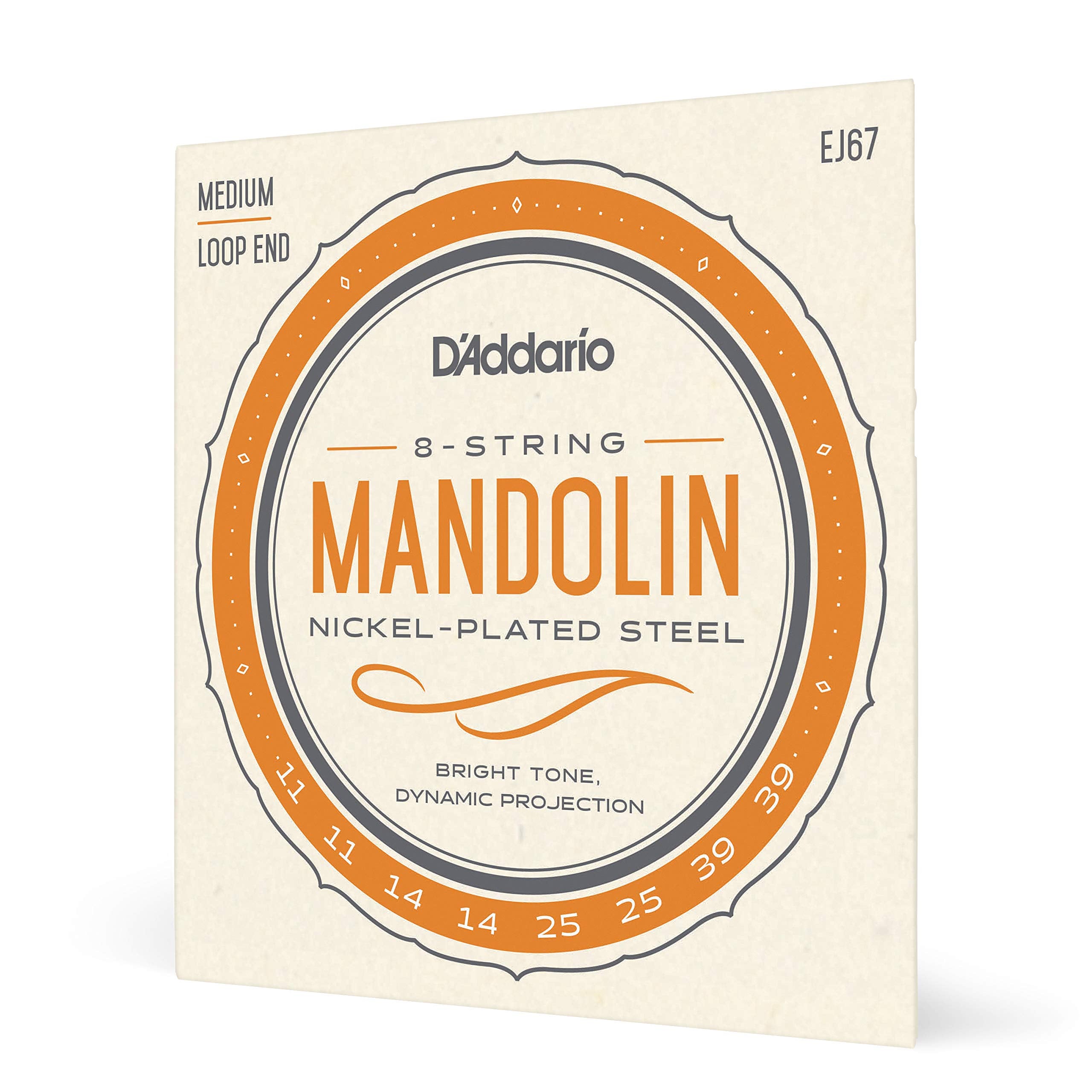 D'Addario Mandolin Strings   Ej67   Nickel Plated Steel   8 String   Bright Tone, Dynamic Projection   Medium, Loop End