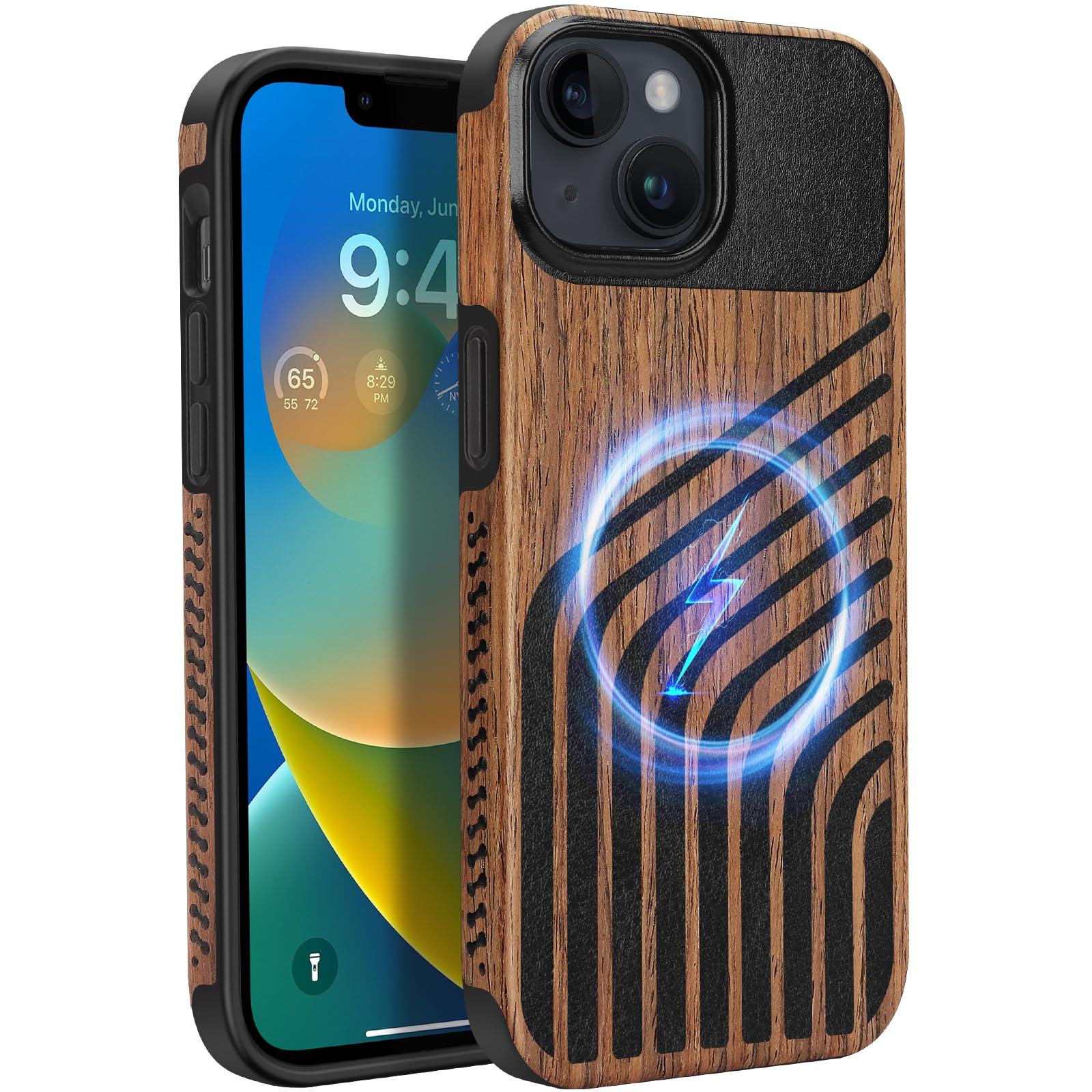 ZZDZZ Magnetic Case Compatible with iPhone 14 Plus Case [Compatible with MagSafe] Wood and Leather Carbon Fiber Design Hybrid Sh