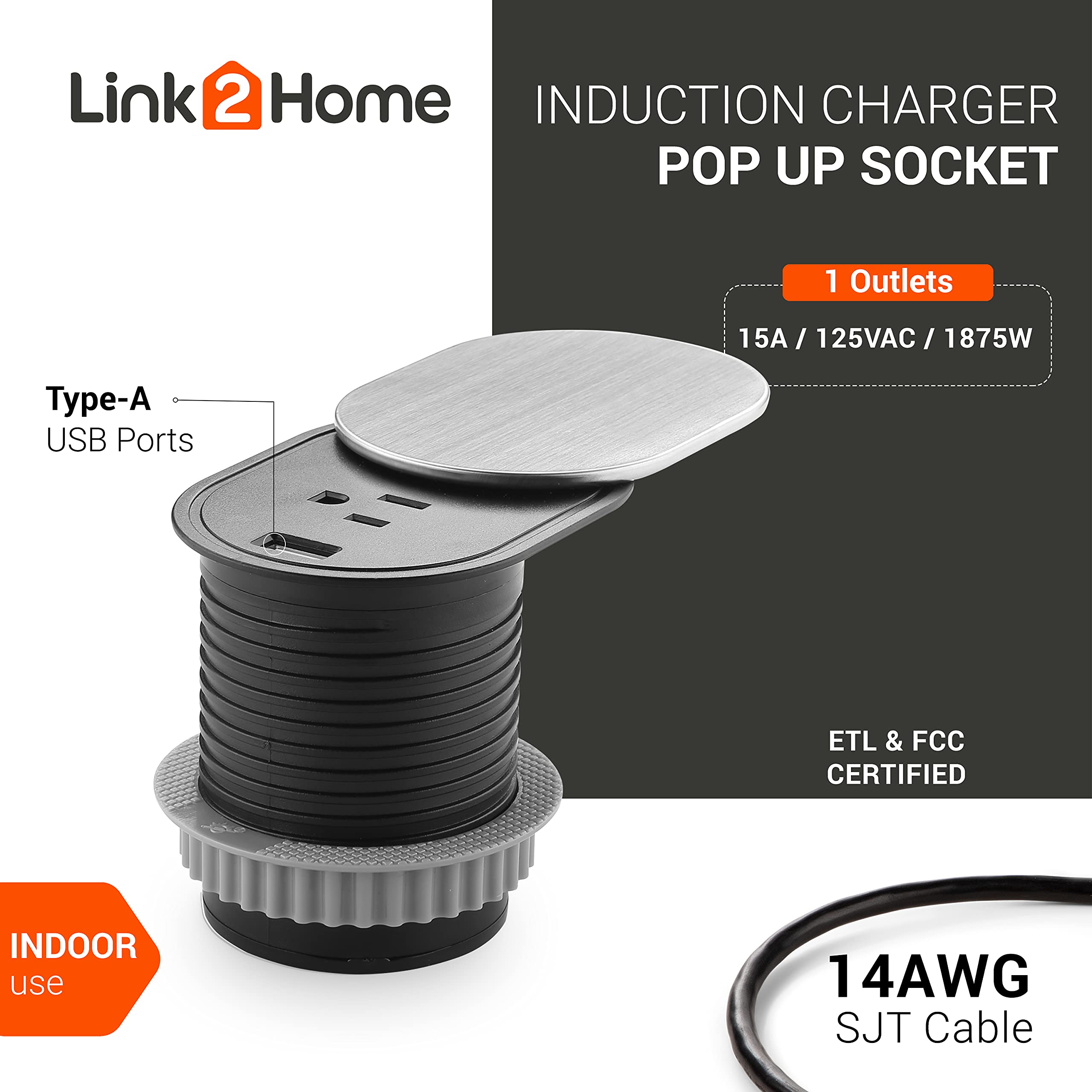 Link2Home Space Saver Grommet Socket With Usb, 1 Power Outlet 15A, 1 Usb Port 2.4A Fast Charge, Splash Resistant, And Stainless
