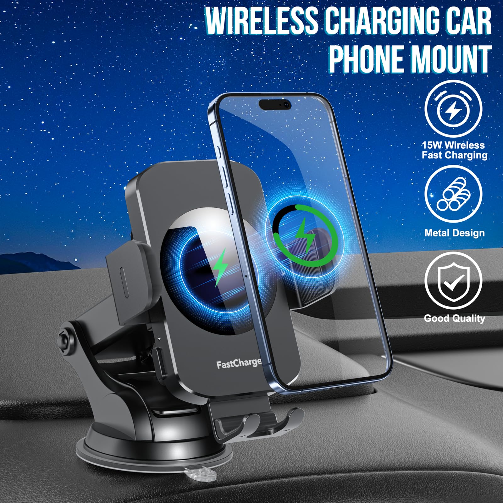 Wireless Car Charger, Fast Charging 15W Auto Clamping Car Charger Phone Holder Phone Mount For Iphone16 15 14 13 12 11 Pro Max X