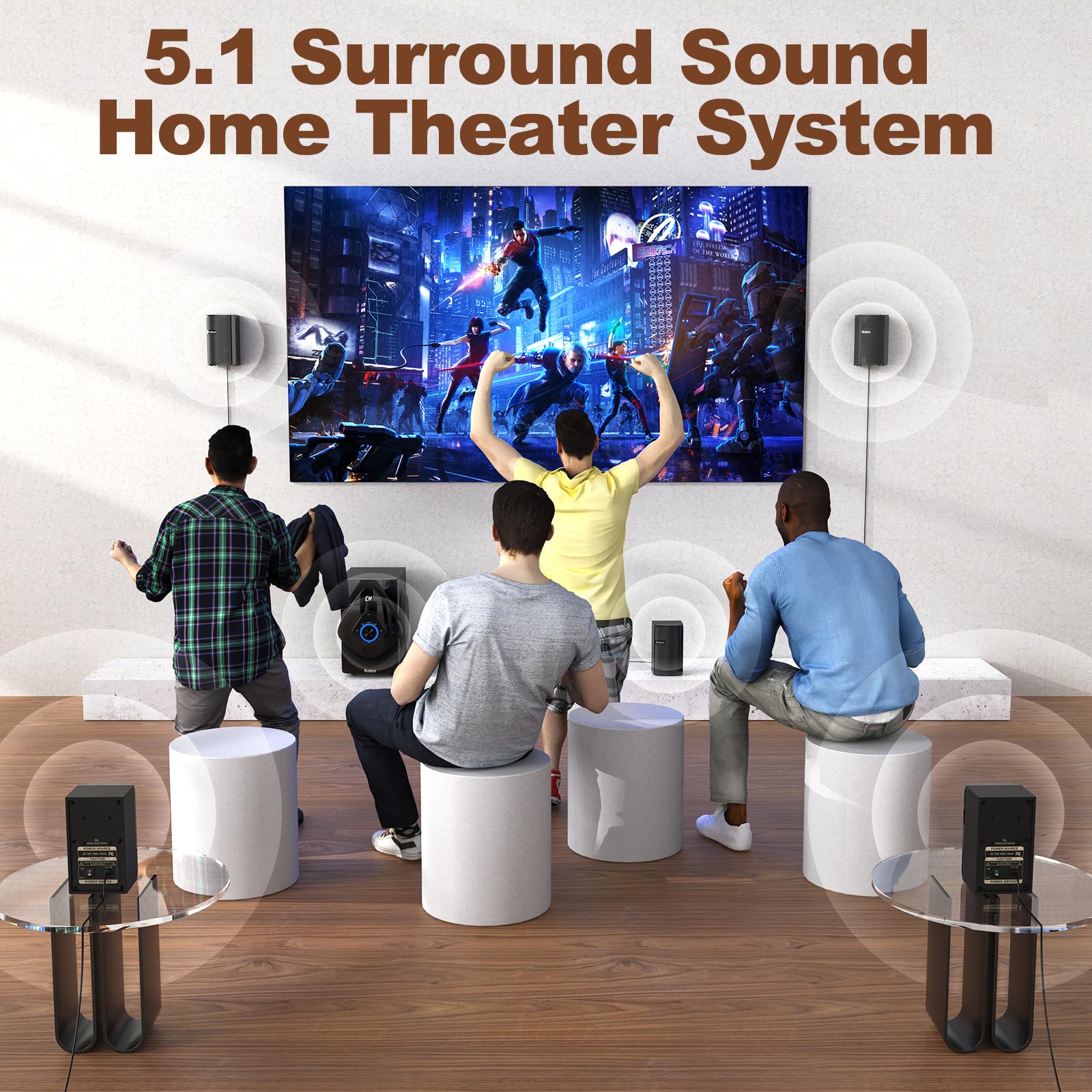 Bobtot Surround Sound Systems Wireless Rear Satellite Speakers   800W 6.5Inch Subwoofer 5.1/2.1 Channel Home Theater Systems Wit