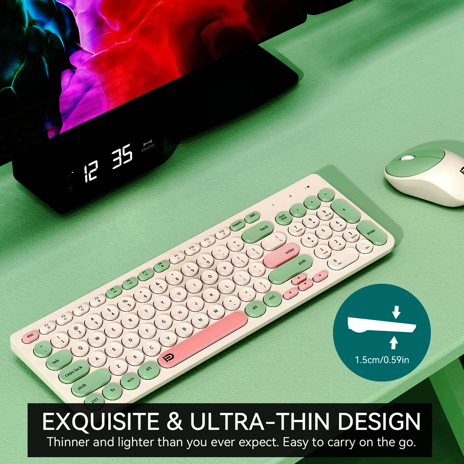 Fd Wireless Keyboards And Mouse Combo   2.4Ghz Usb Cordless, Cute Wireless Keyboard Round Keys, Quiet And Slim Set For Laptop, C