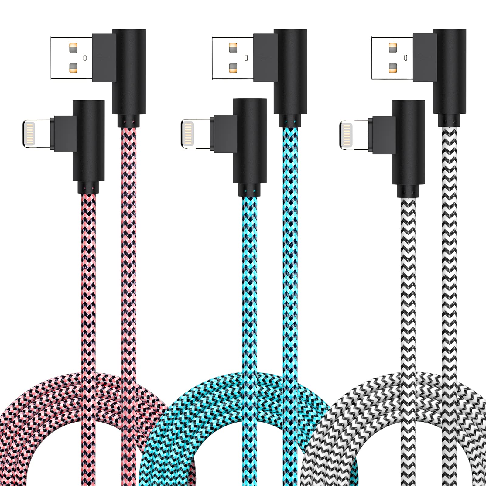 3 Pack Iphone Charger 10Ft [Apple Mfi Certified] Right Angle Lightning Cable Fast Charging Cord, Car Cable For Iphone 14 13 12 11 Pro/Pro Max/Mini/Xs/Xr/8 7 Plus, Ipad, Carplay