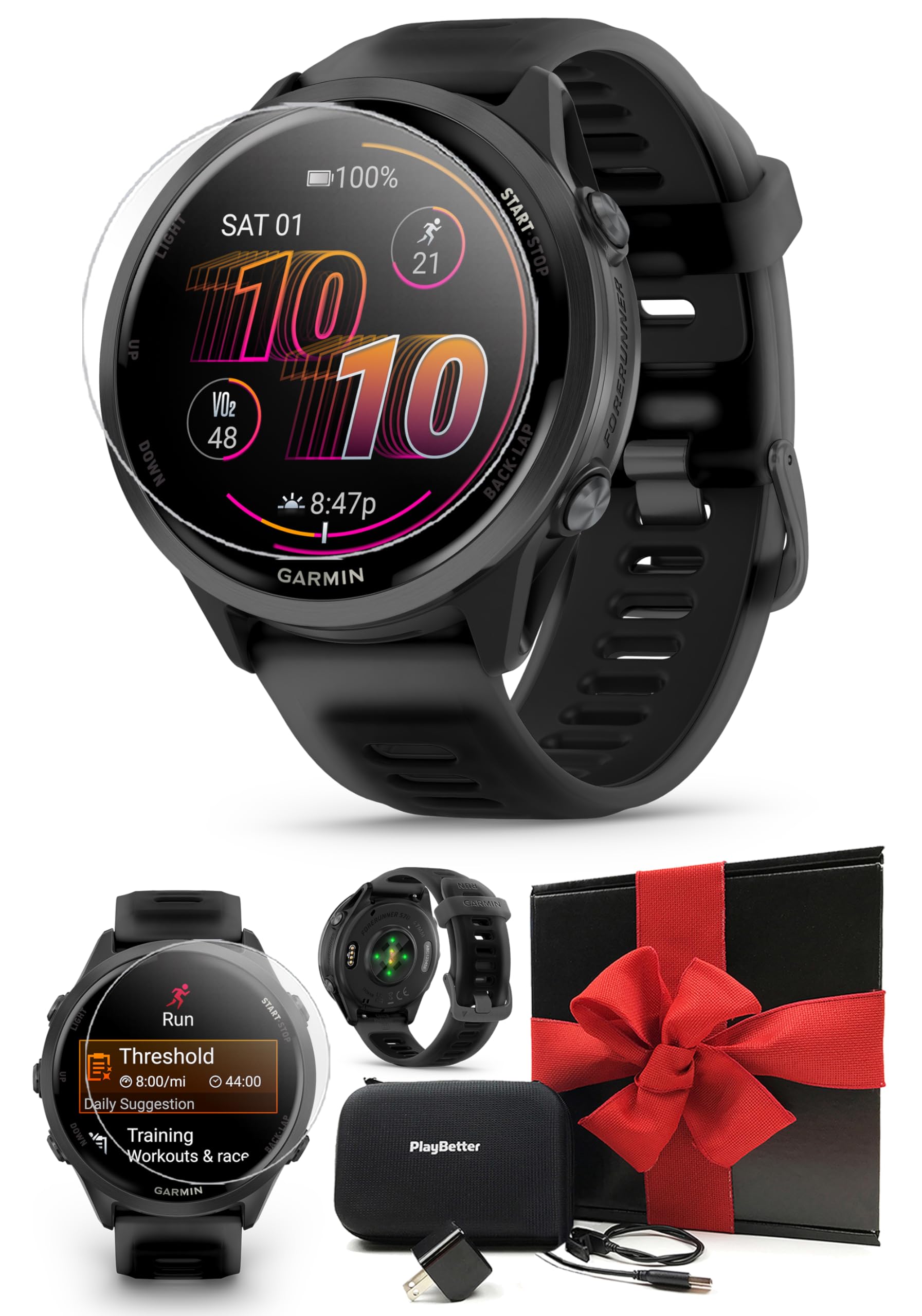 Garmin Forerunner 570 (47 mm, Slate Gray/Translucent Black) Running GPS Smartwatch - AMOLED Display, Training - Gift Box Bundle 