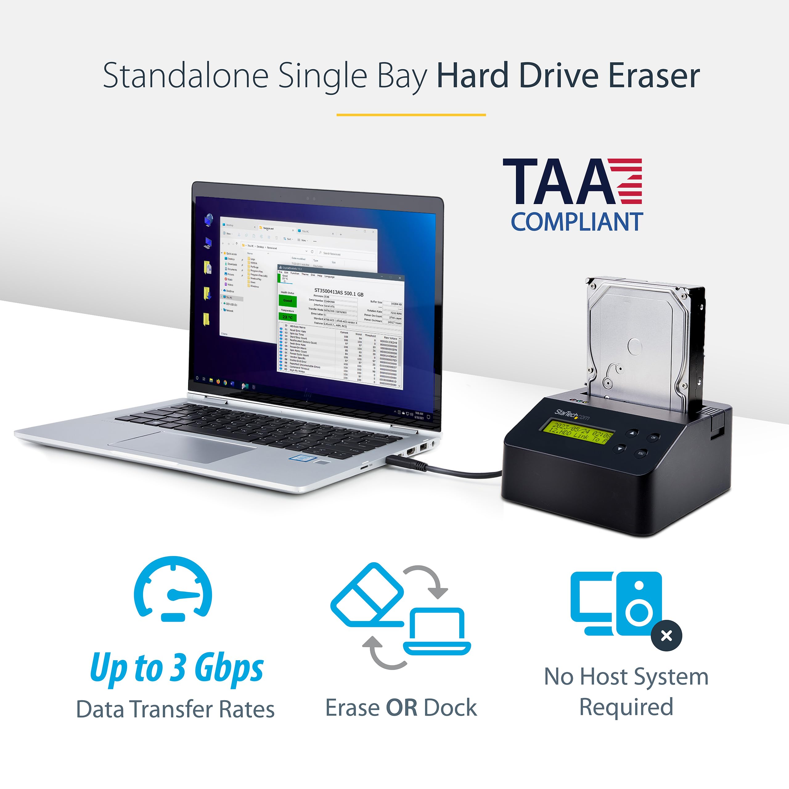 Startech.Com Single Bay Ssd/Hdd Hard Drive Eraser, 2.5/3.5'' Sata, Hostless Standalone Secure Erase, Disk Sanitizer, Hardware Wi