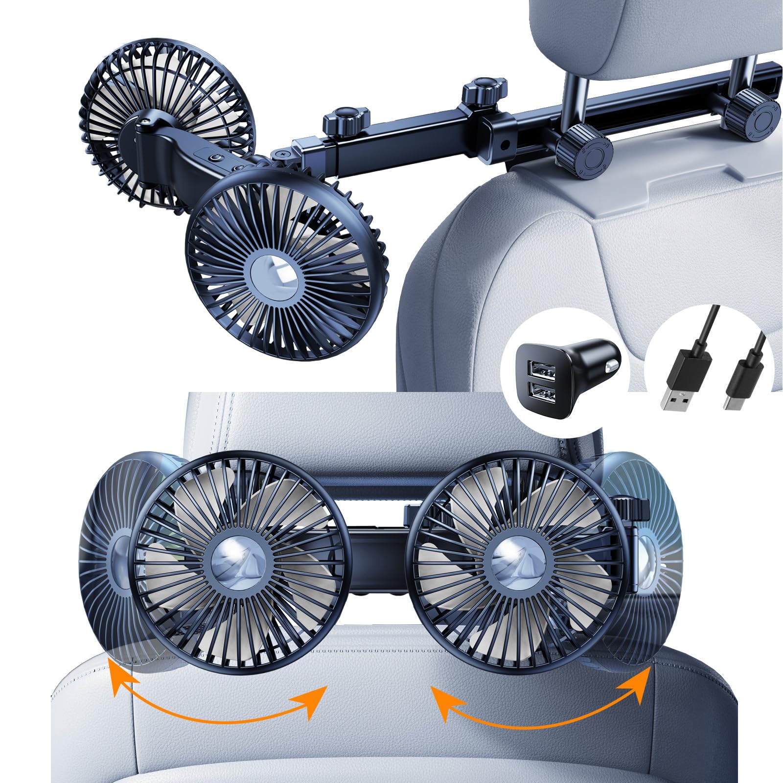 Nauttxon Car Fan For Backseat Kids With Retractable Long Arm, [Comes With Car Charger & Usb C Cable*1] 360Rotatable 3 Speeds Sep