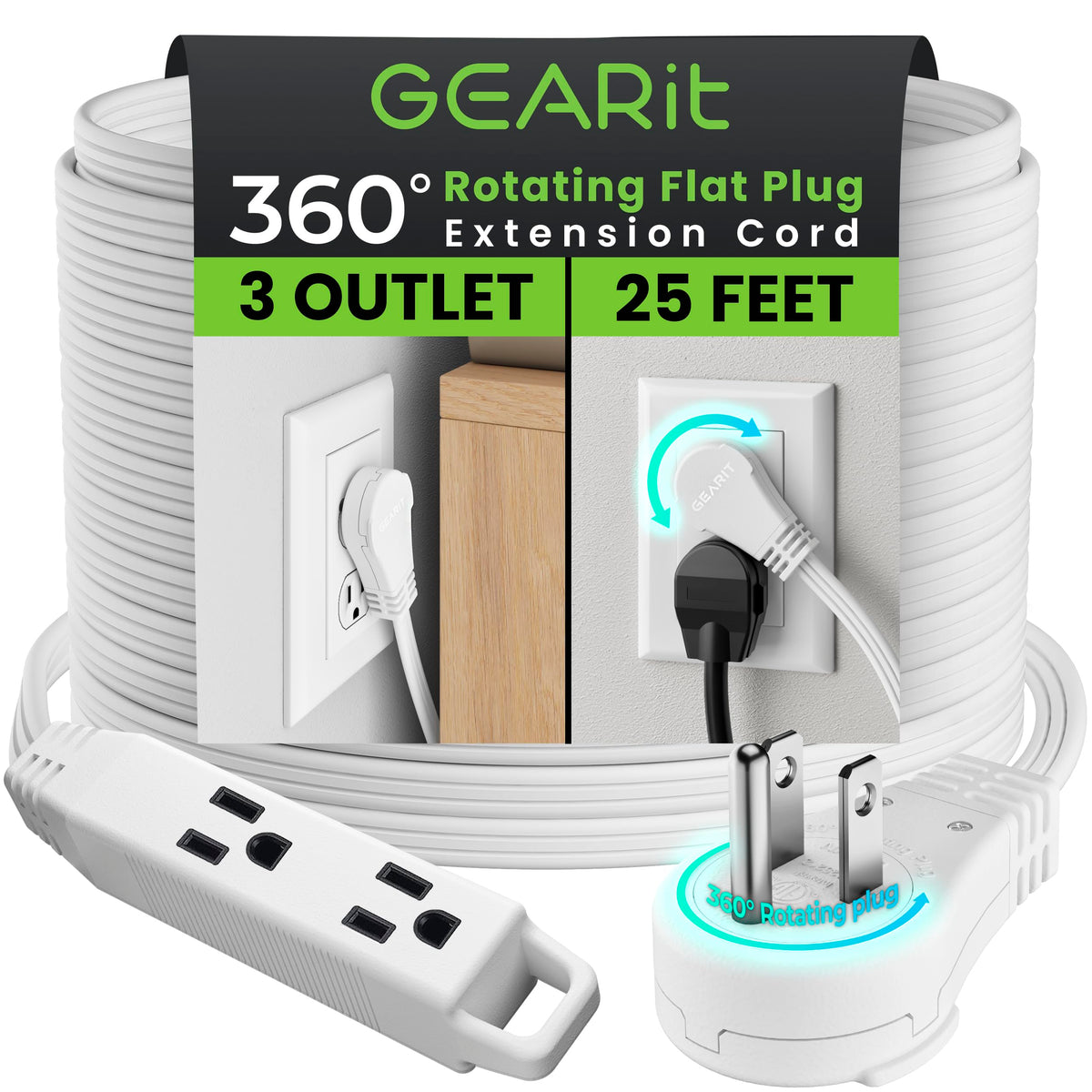 Gearit 360 Rotating Flat Plug Extension Cord (25Ft, White) Multi 3 Outlet Extension 16 Awg Wire, Adapter For Small Spaces, Right