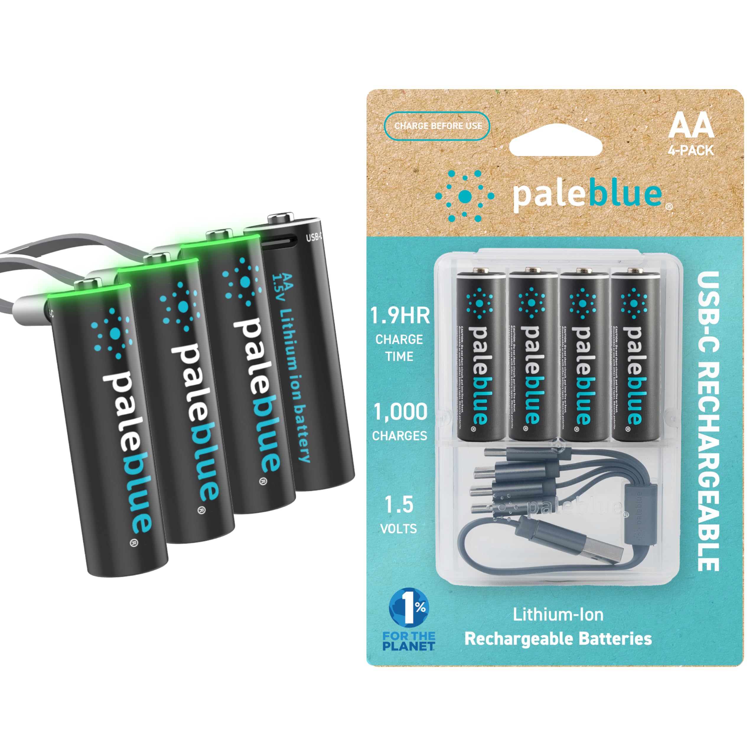paleblue USB Rechargeable AA Batteries (4-Pack) - 2550mWh Lithium Ion, 1.5V, 1000+ Charge Cycles, Includes 4-in-1 USB-A to USB-C