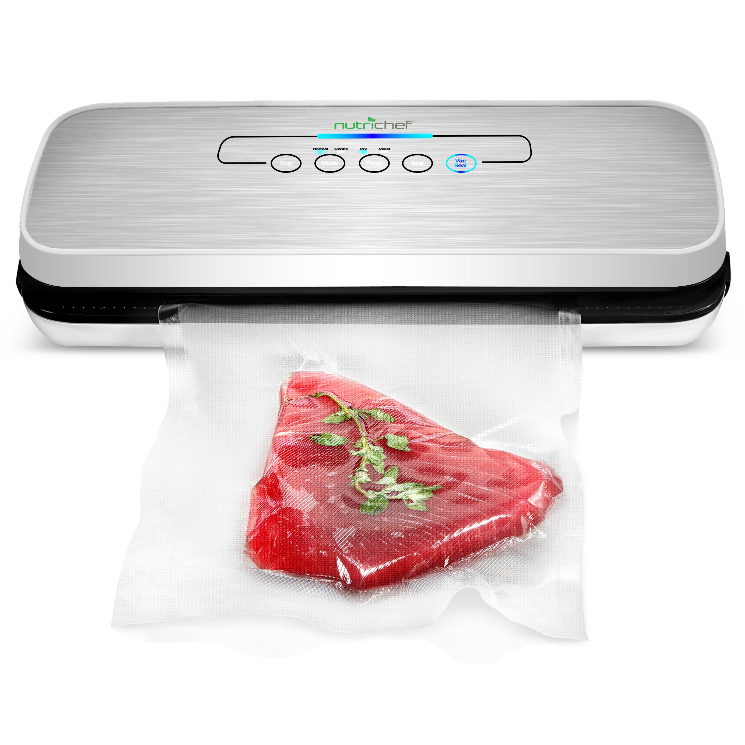 Nutrichef Vacuum Sealer Machine   Compact Silver Vacuum Sealing System With Dry & Moist Modes, Led Indicators, Starter Kit & Ext
