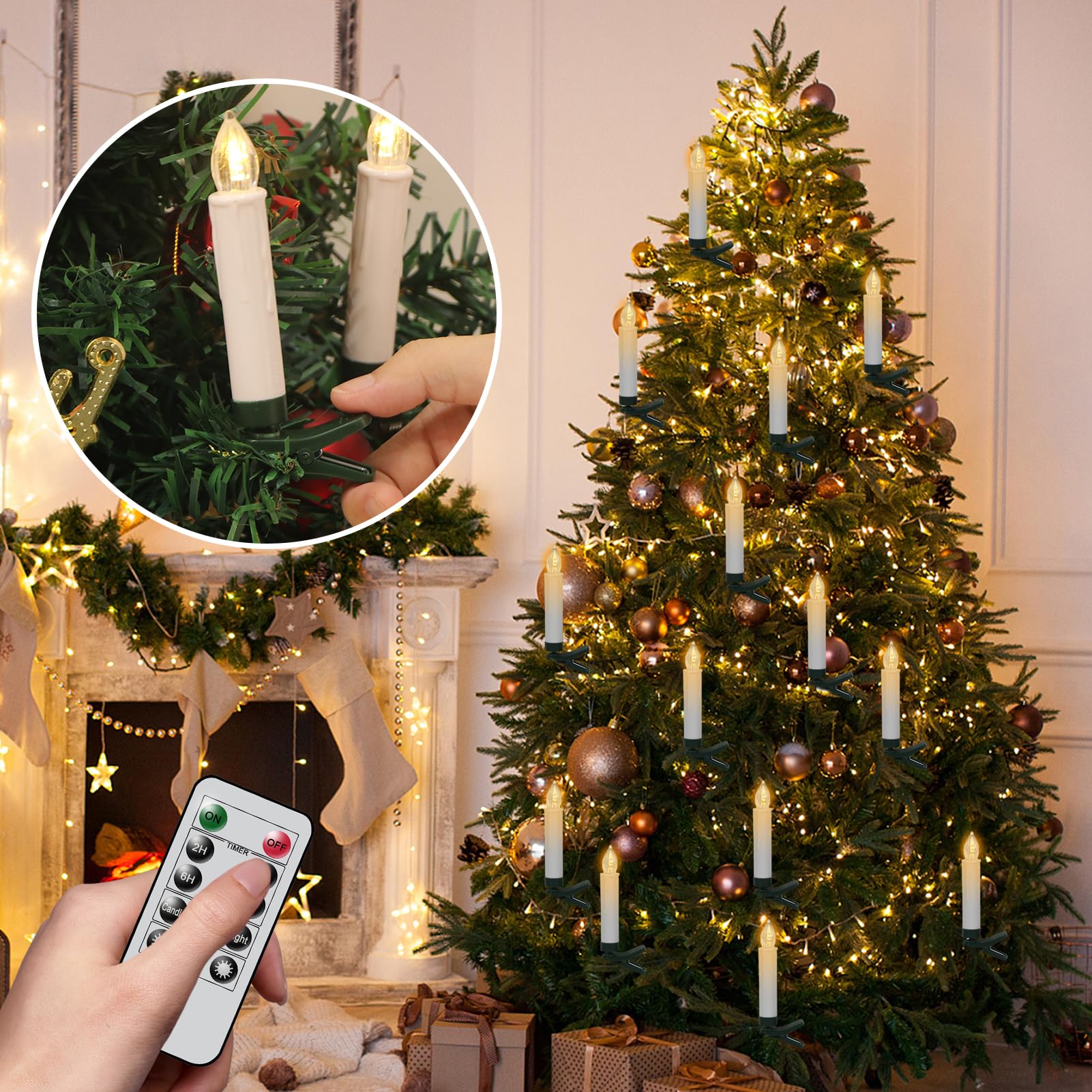 Dromance Christmas Tree Flameless Taper Candle Lights Battery Operated With 10 Key Remote And Timer, 30 Pack Plastic 3D Wick Fli