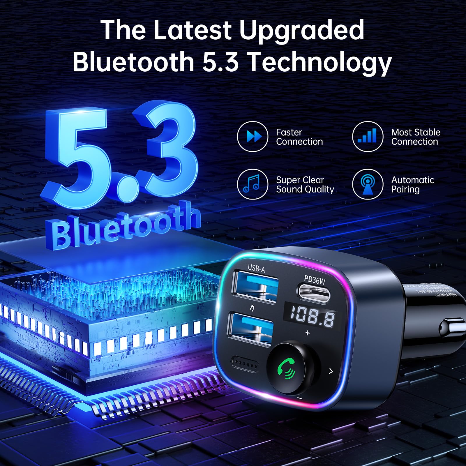 Syncwire Bluetooth 5.3 Fm Transmitter Car Adapter 48W(Pd 36W & 12W) [Light Switch] [Hi Fi Deep Bass] [Fast Charging] Wireless Ra