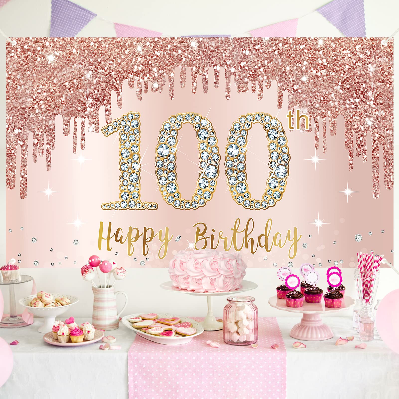 Happy 100Th Birthday Banner Backdrop Decorations For Women, Rose Gold 100 Birthday Party Sign Supplies, Pink 100 Year Old Birthd