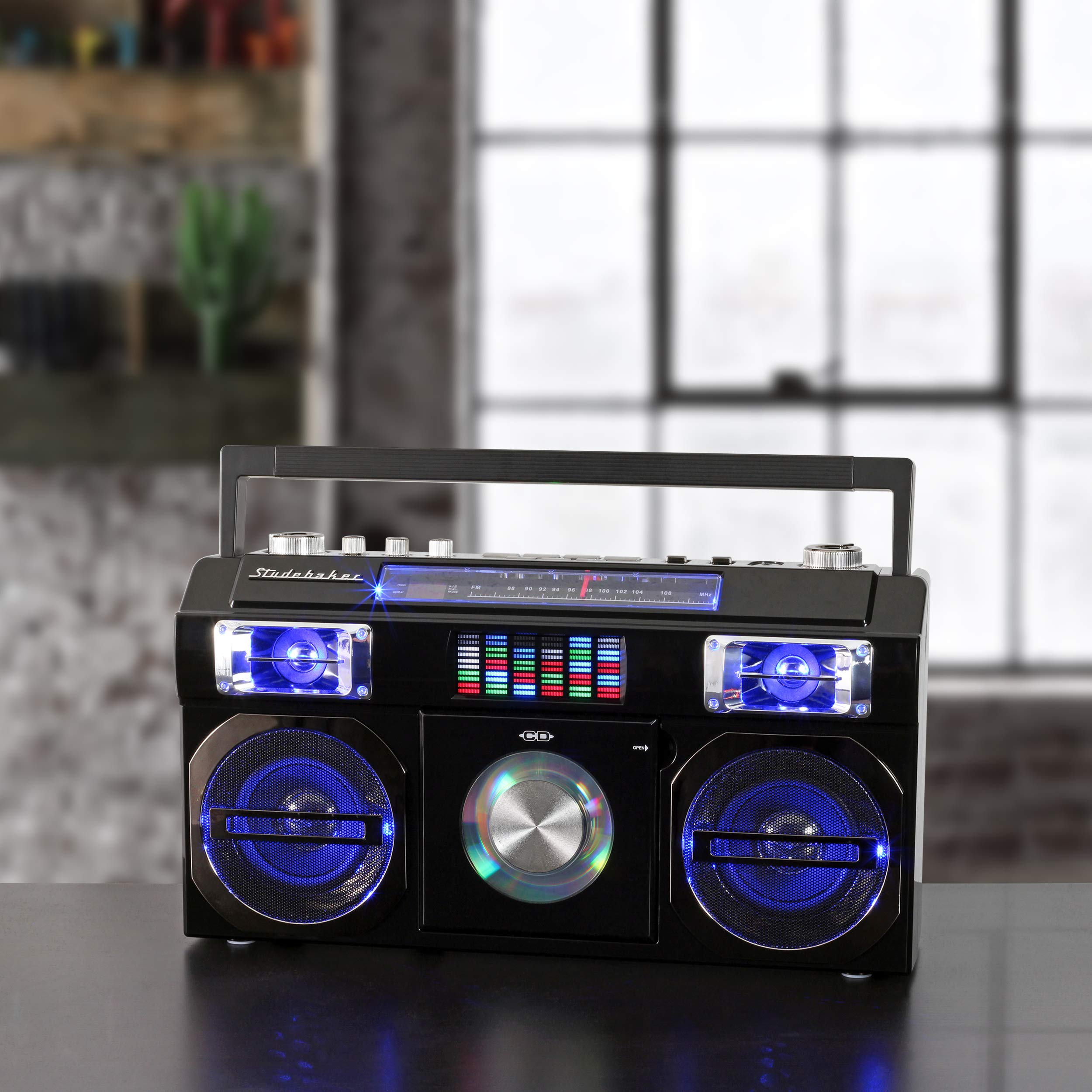 Studebaker Sb2145S 80S Retro Street Bluetooth Boombox With Fm Radio, Cd Player, Led Eq, 10 Watts Rms Power And Ac/Dc In Silver