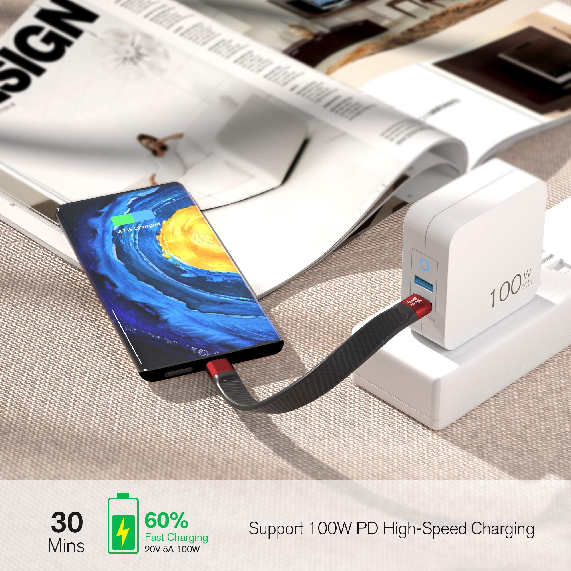 Lamtoon Short Usb C To Usb C Cable, Usb 3.2 Gen 2 Type C Cable 10Gbps Data Transfer 100W Pd Fast Charge Cable Fpc Design, 4K@60H