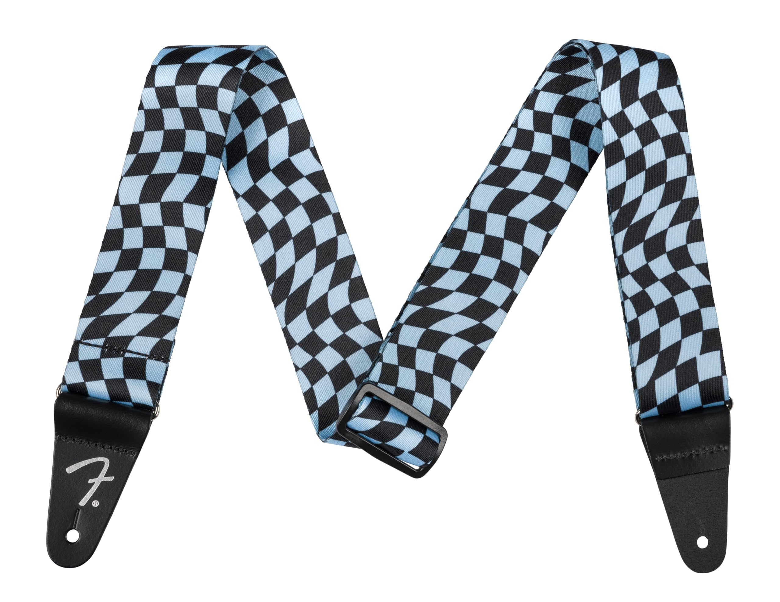 Fender Wavy Checkerboard Polyester Guitar Strap, Adjustable from 34-59, Leather Ends, Blue